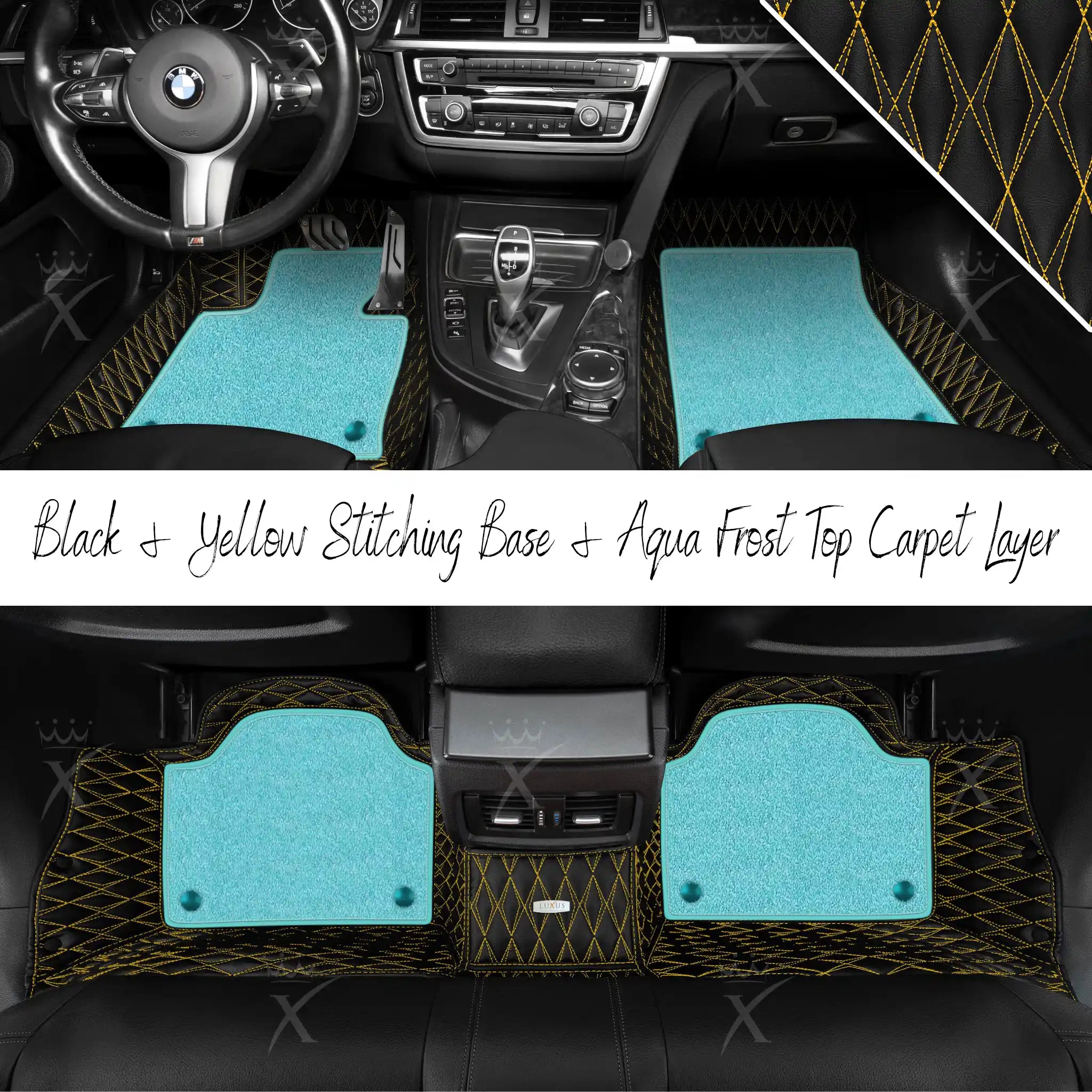 Black & Yellow Stitching Twin Diamond & Aqua Frost Carpet | Double Layer Luxury Car Mats Set