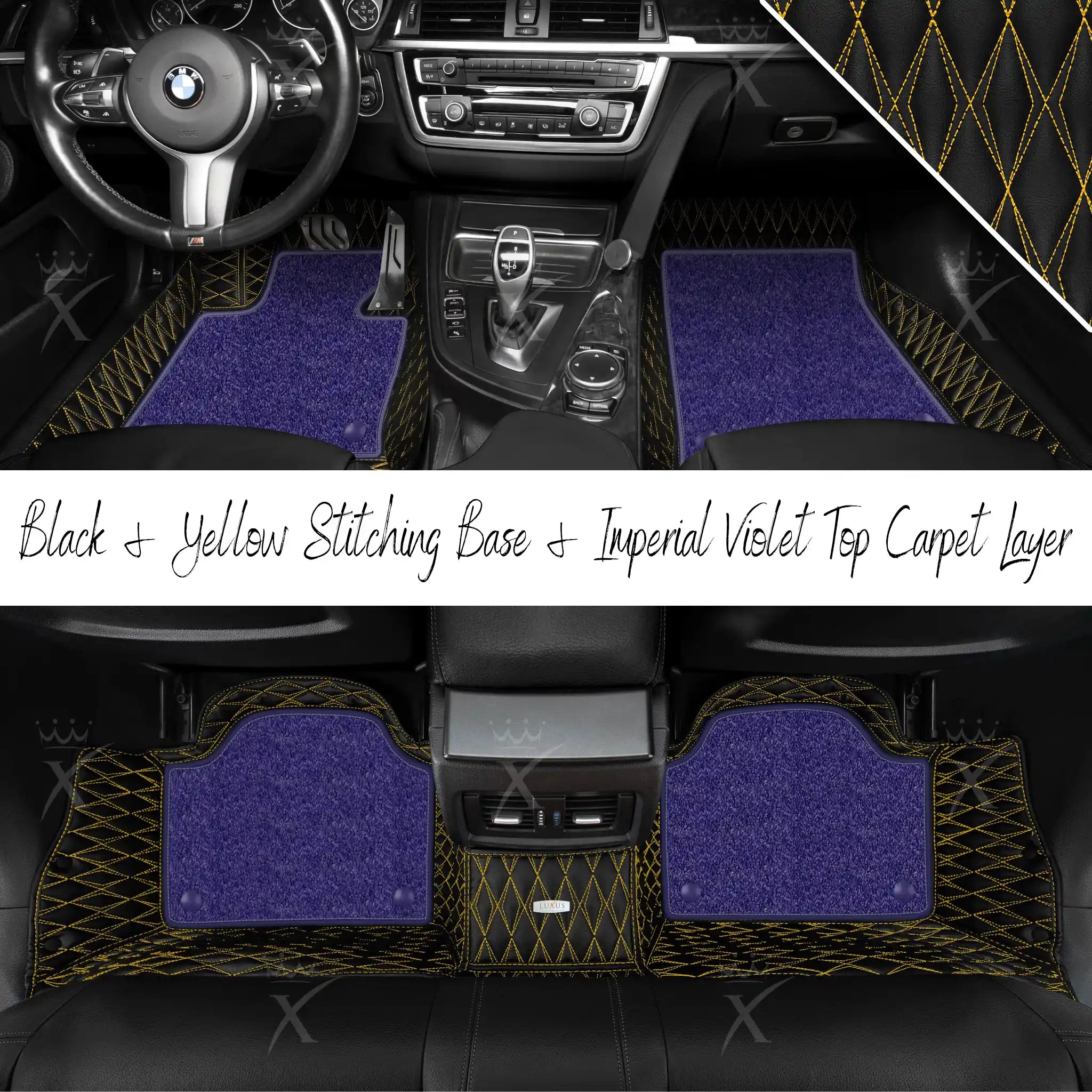Black & Yellow Stitching Twin Diamond & Imperial Violet Carpet | Double Layer Luxury Car Mats Set