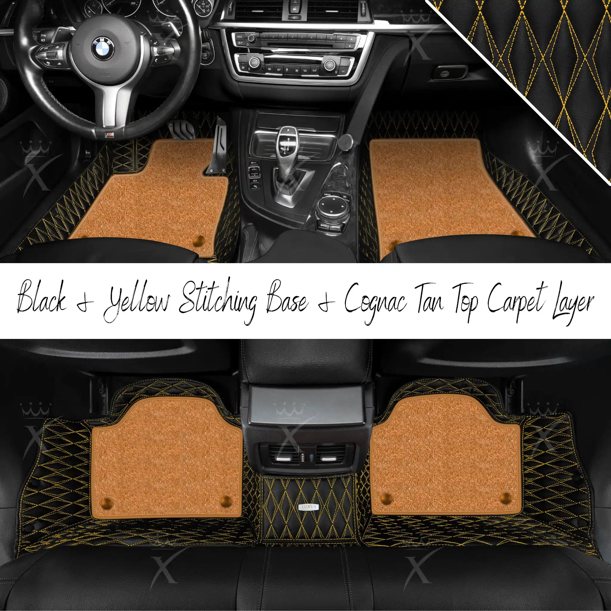 Black & Yellow Stitching Twin Diamond & Cognac Tan Carpet | Double Layer Luxury Car Mats Set