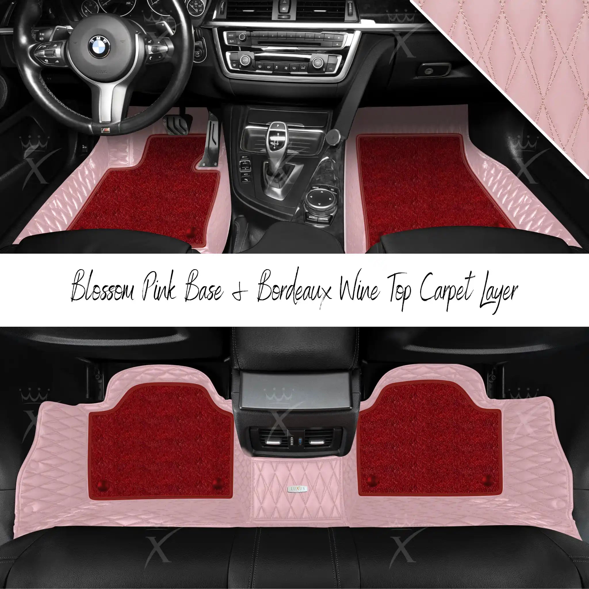 Blossom Pink Twin Diamond & Bordeaux Wine Carpet | Double Layer Luxury Car Mats Set