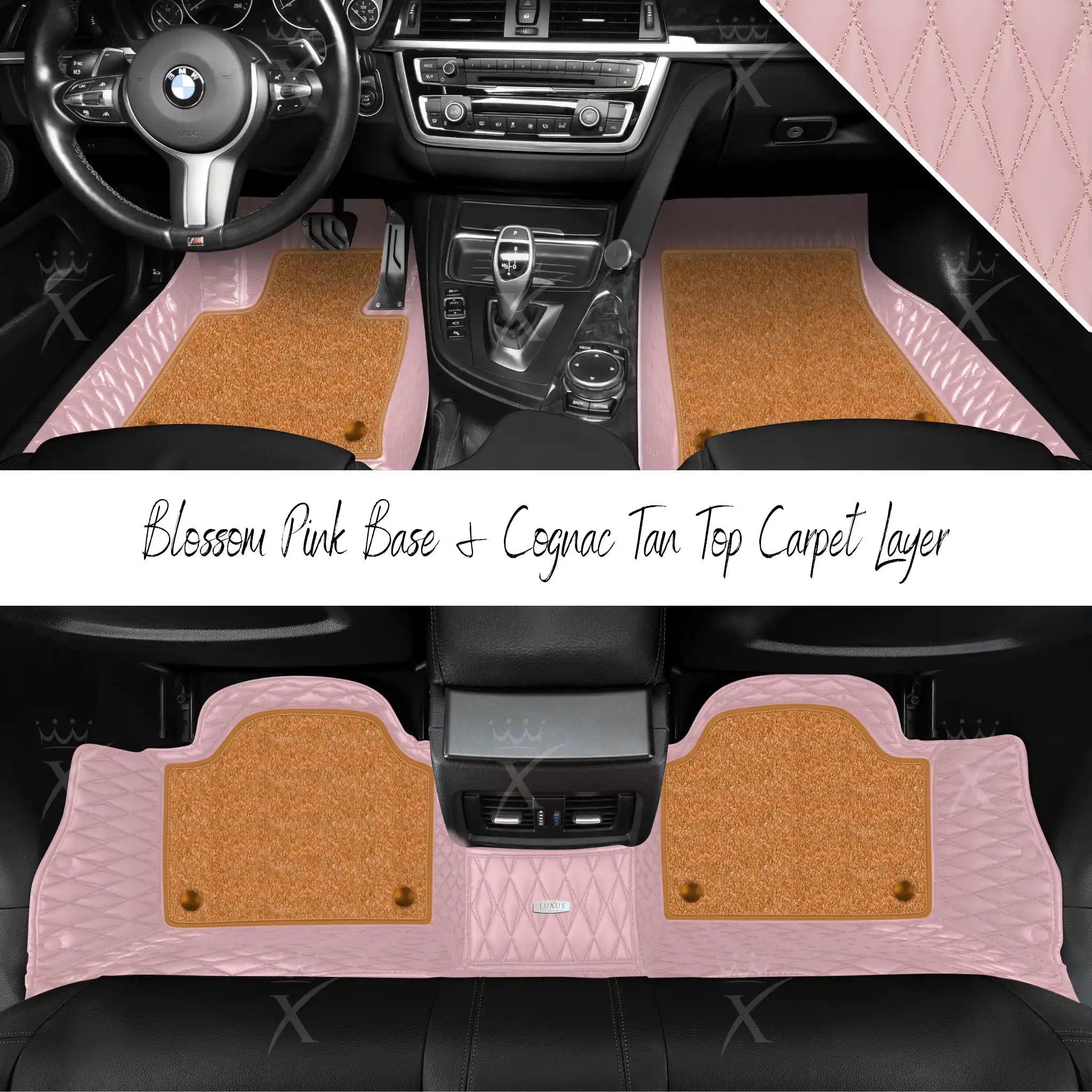 Blossom Pink Twin Diamond & Cognac Tan Carpet | Double Layer Luxury Car Mats Set