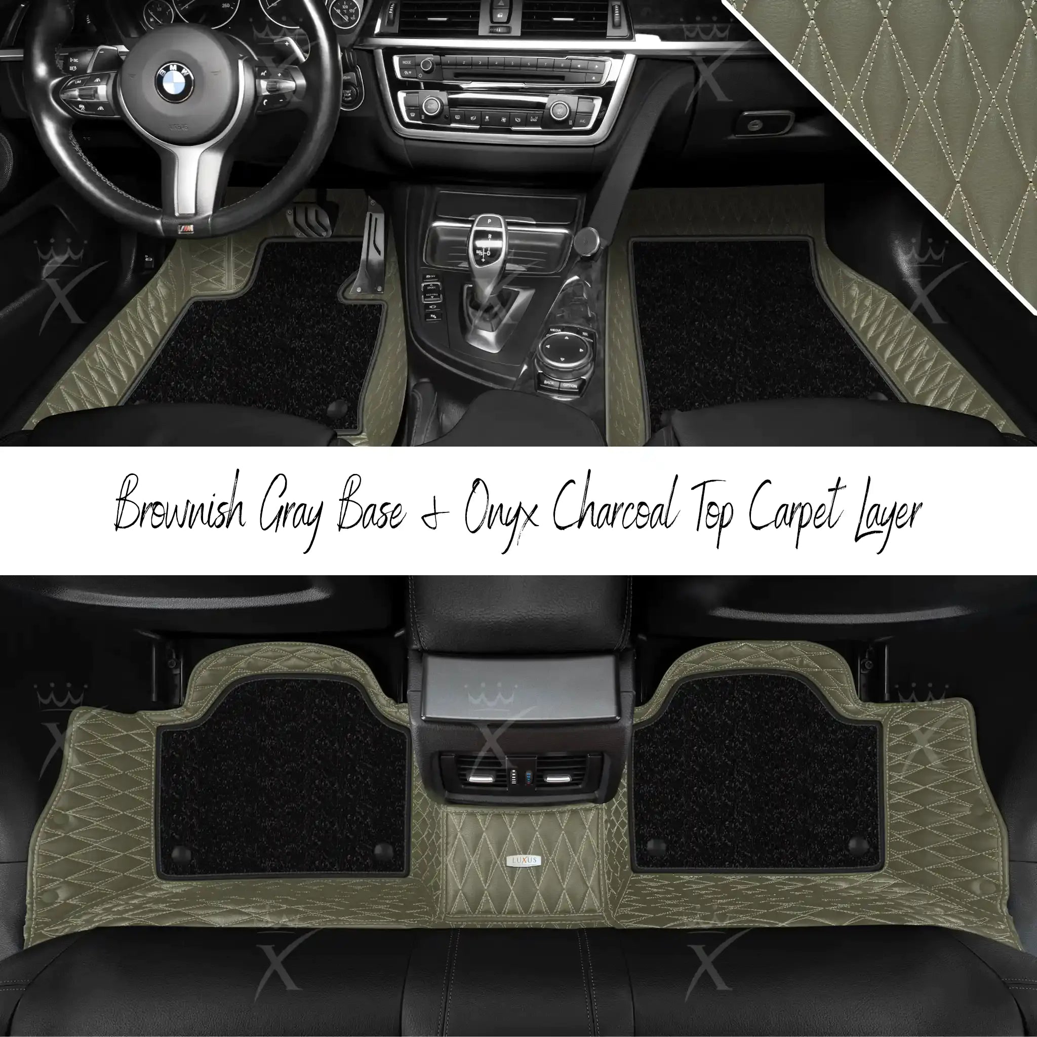 Brownish Gray Twin Diamond & Onyx Charcoal Carpet | Double Layer Luxury Car Mats Set