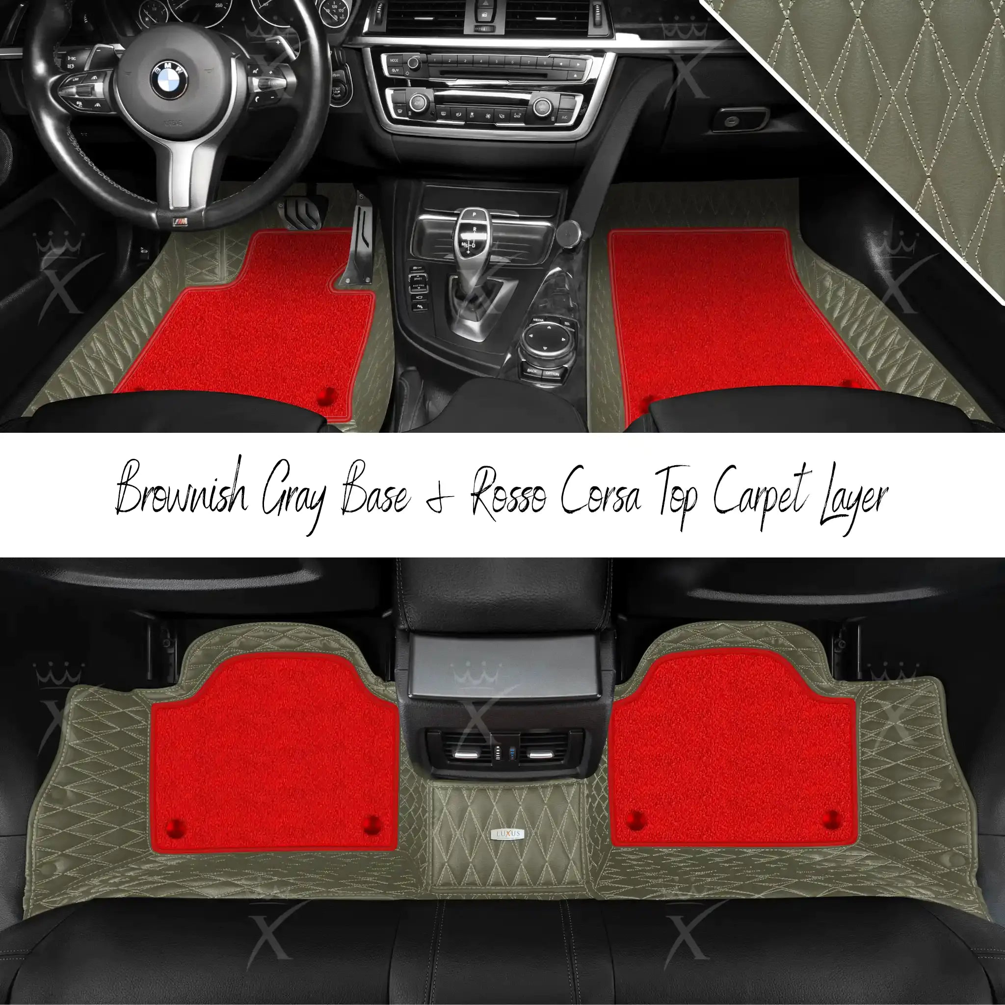 Brownish Gray Twin Diamond & Rosso Corsa Carpet | Double Layer Luxury Car Mats Set