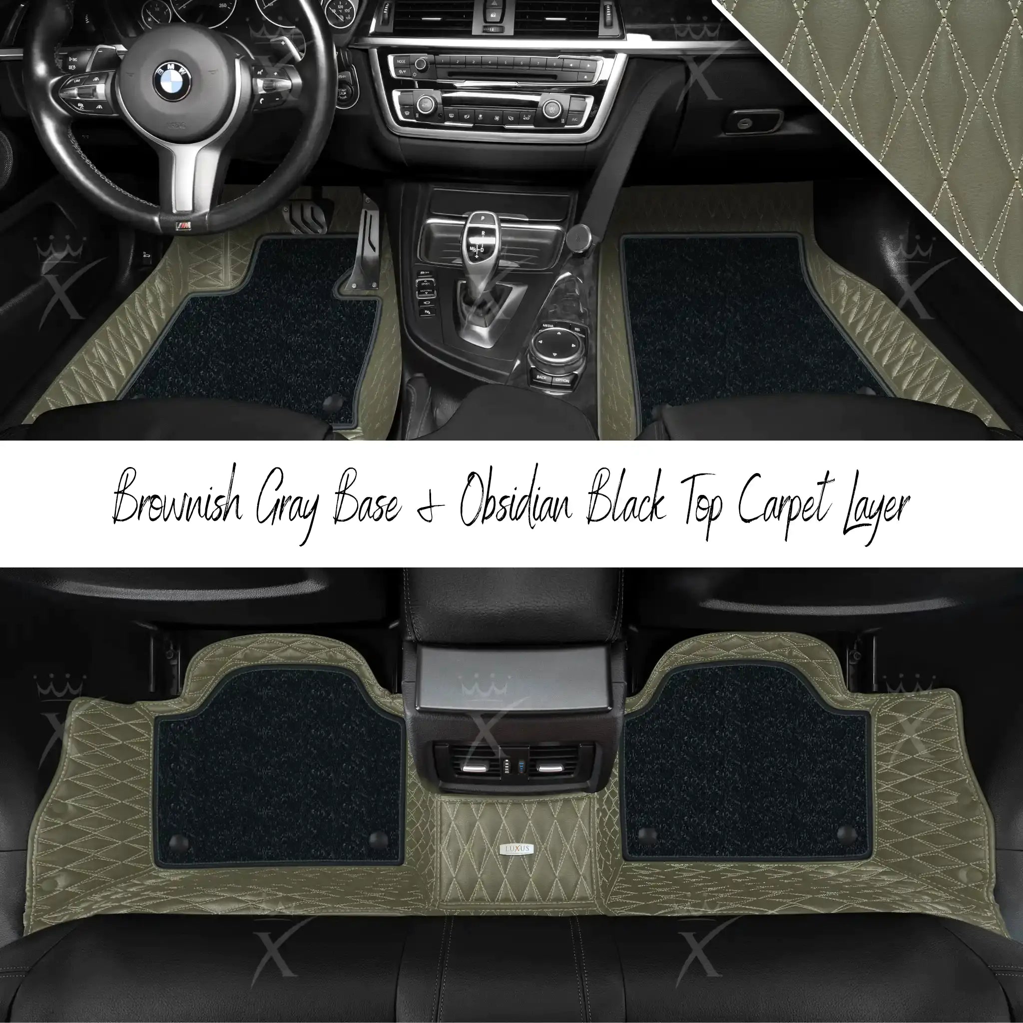 Brownish Gray Twin Diamond & Obsidian Black Carpet | Double Layer Luxury Car Mats Set