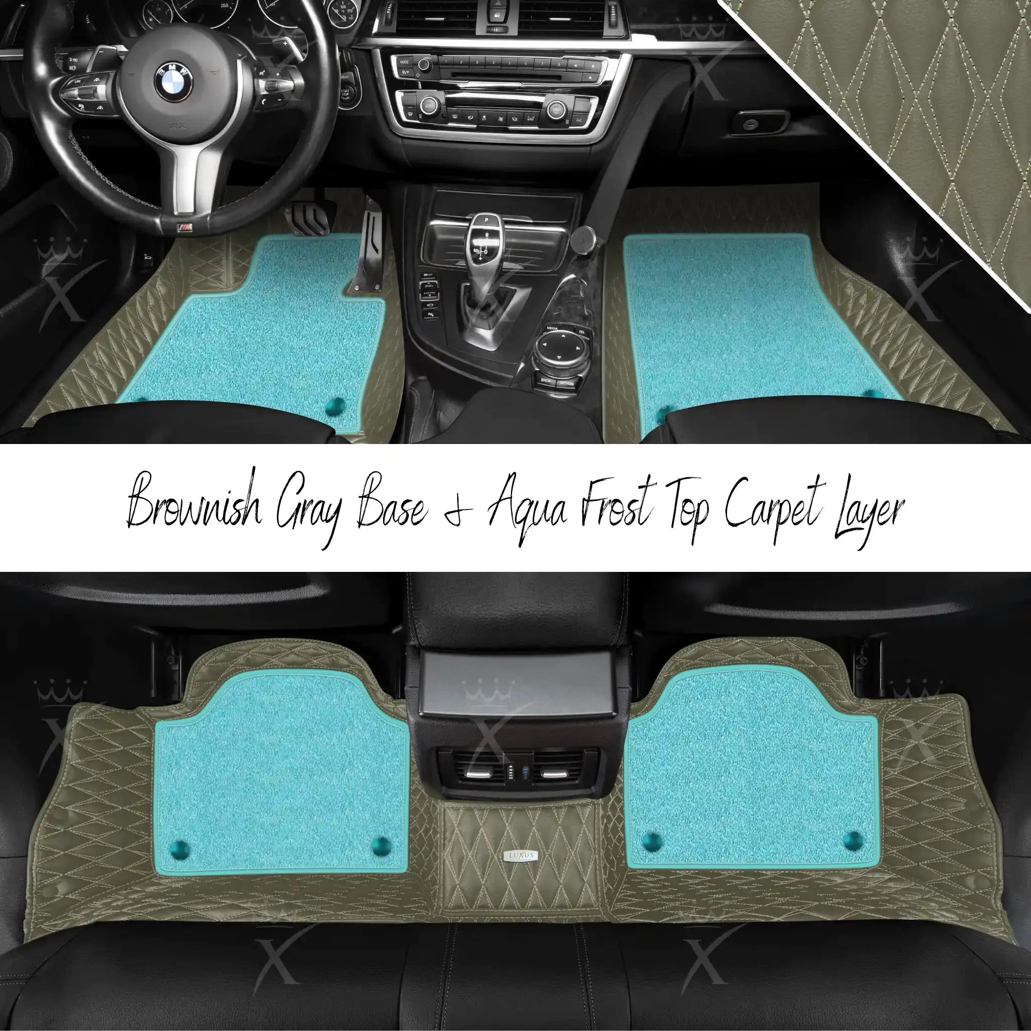 Brownish Gray Twin Diamond & Aqua Frost Carpet | Double Layer Luxury Car Mats Set