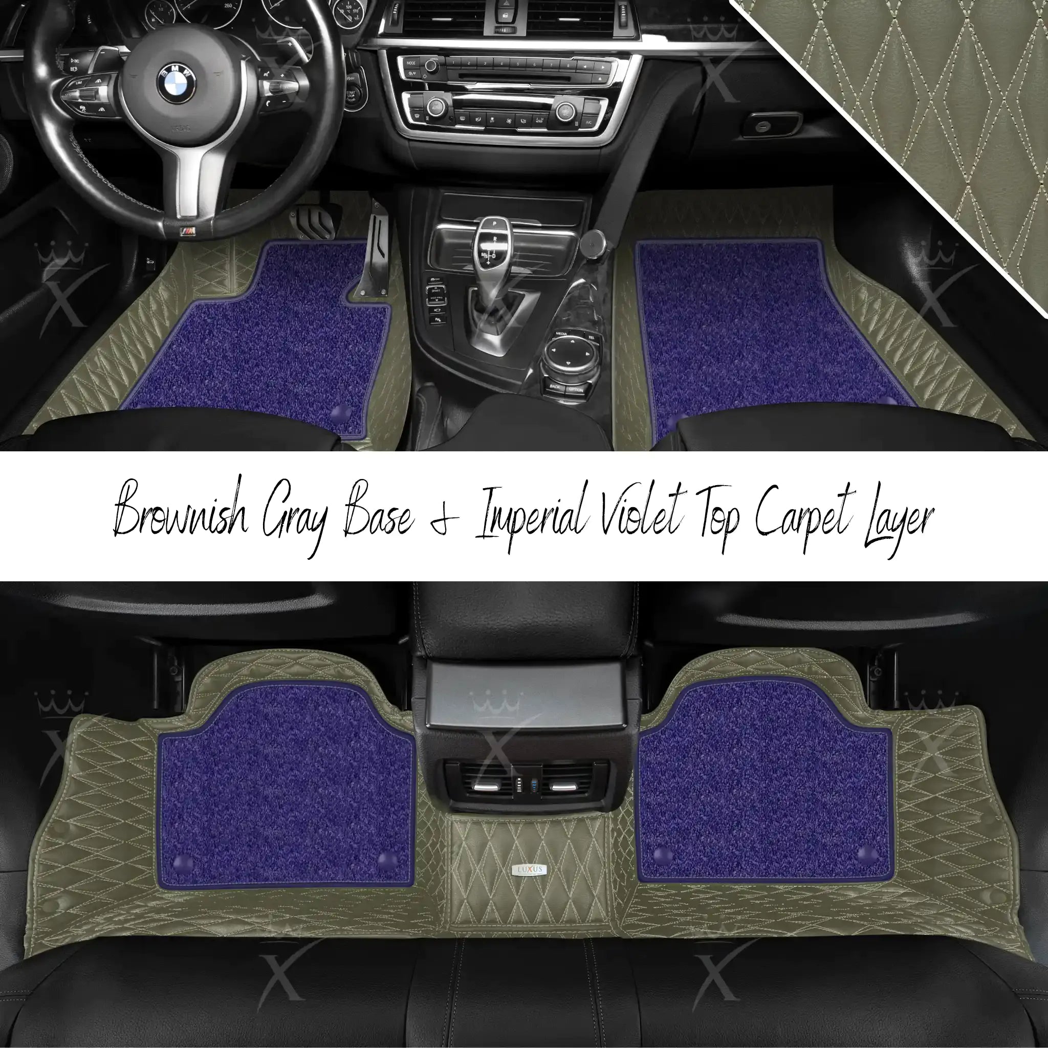 Brownish Gray Twin Diamond & Imperial Violet Carpet | Double Layer Luxury Car Mats Set
