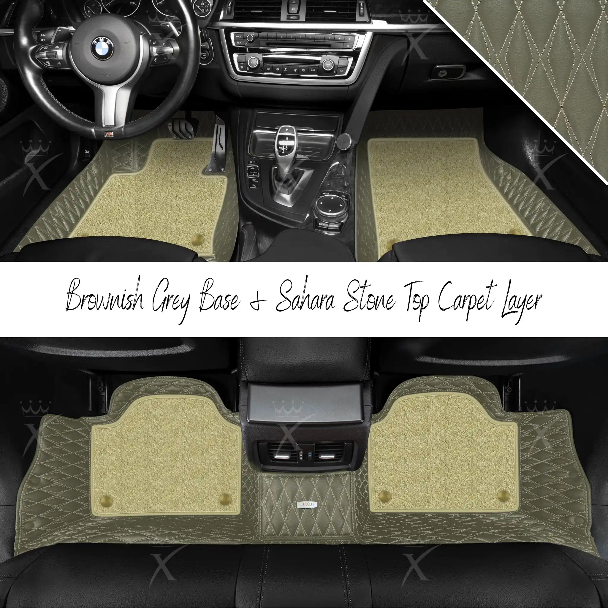 Brownish Grey Twin Diamond & Sahara Stone Carpet | Double Layer Luxury Car Mats Set
