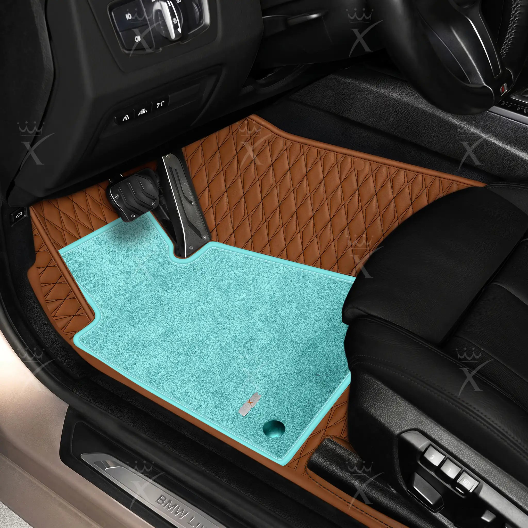 Luxus Twin-Diamond Double Layer Series Floor Mats | Chocolate Brown & Aqua Frost Top Carpet