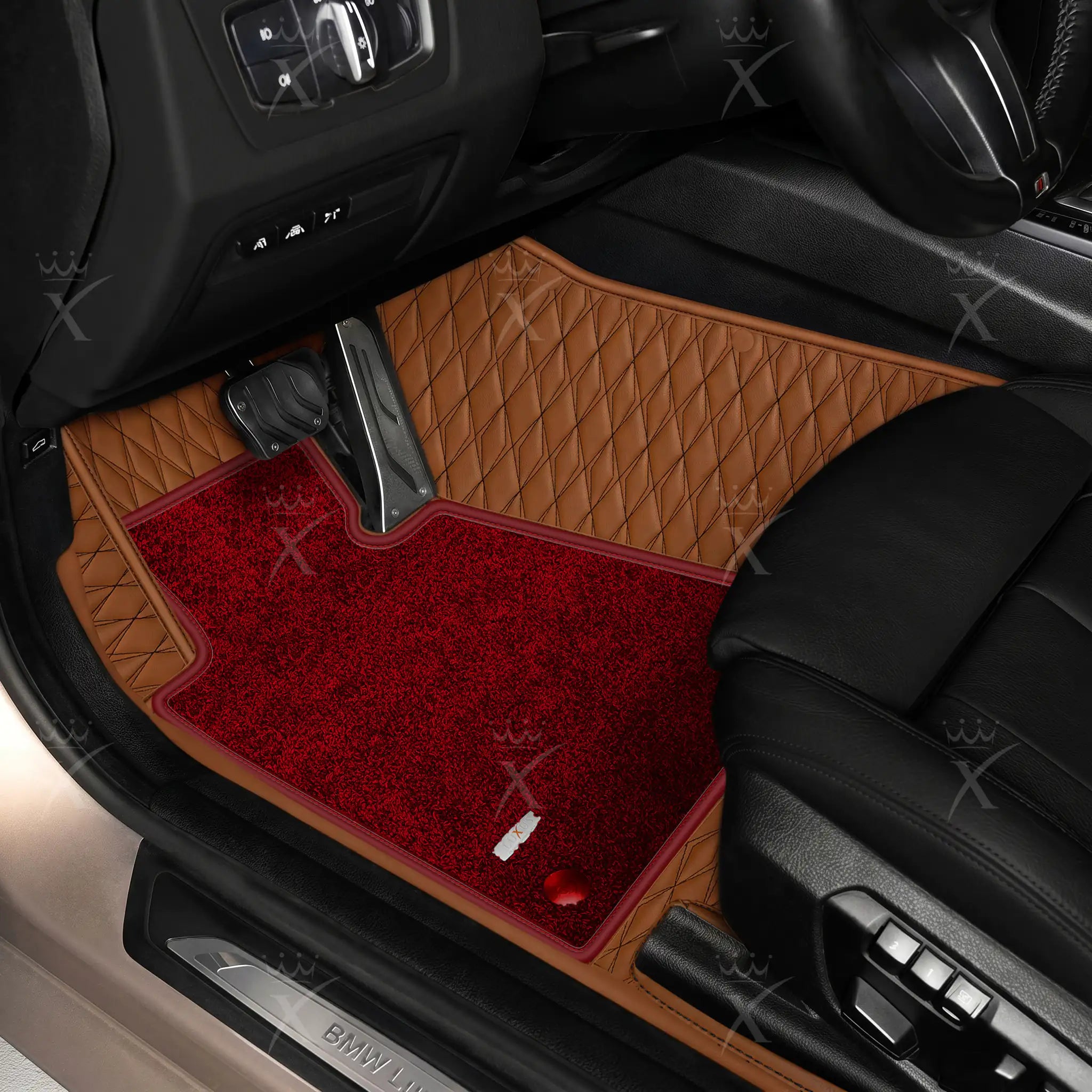 Luxus Twin-Diamond Double Layer Series Floor Mats | Chocolate Brown & Bordeaux Wine Top Carpet