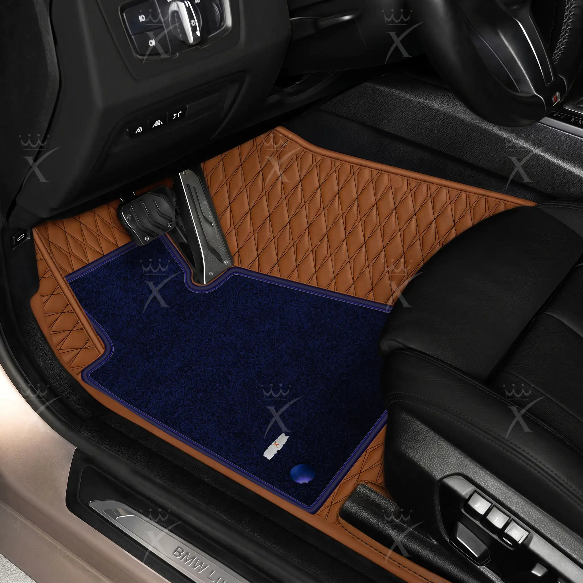 Luxus Twin-Diamond Double Layer Series Floor Mats | Chocolate Brown & Midnight Navy Top Carpet