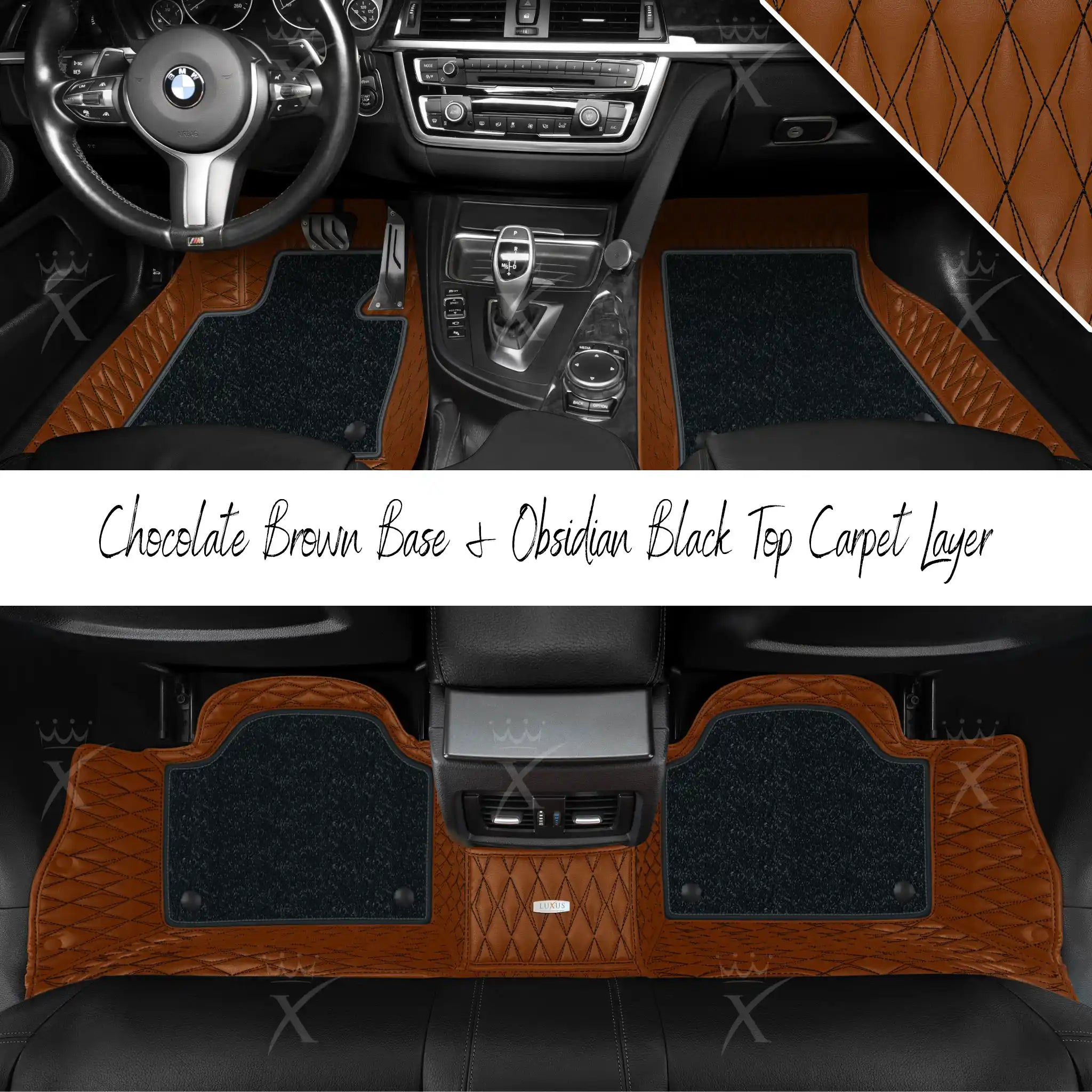 Chocolate Brown Twin Diamond & Obsidian Black Carpet | Double Layer Luxury Car Mats Set
