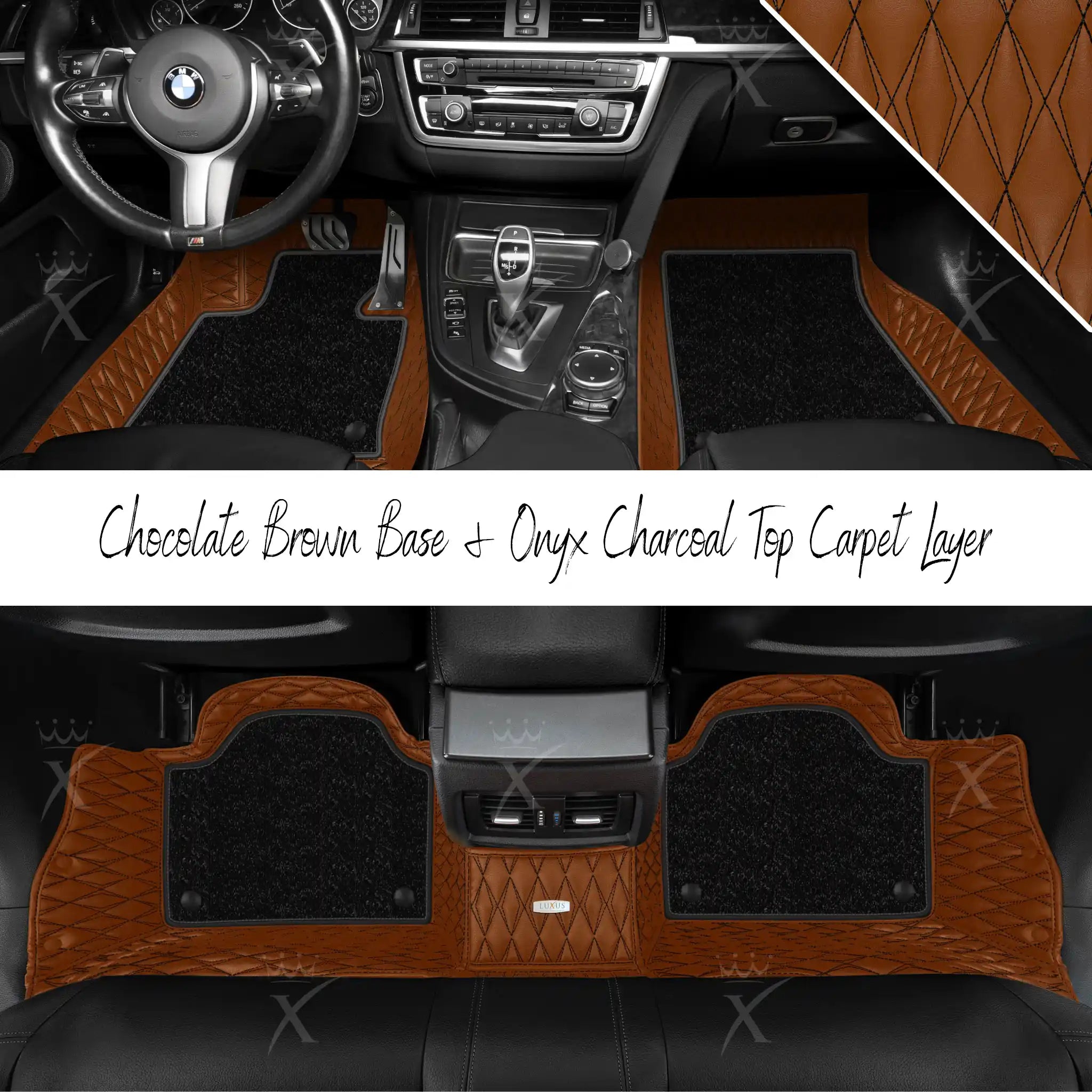 Chocolate Brown Twin Diamond & Onyx Charcoal Carpet | Double Layer Luxury Car Mats Set