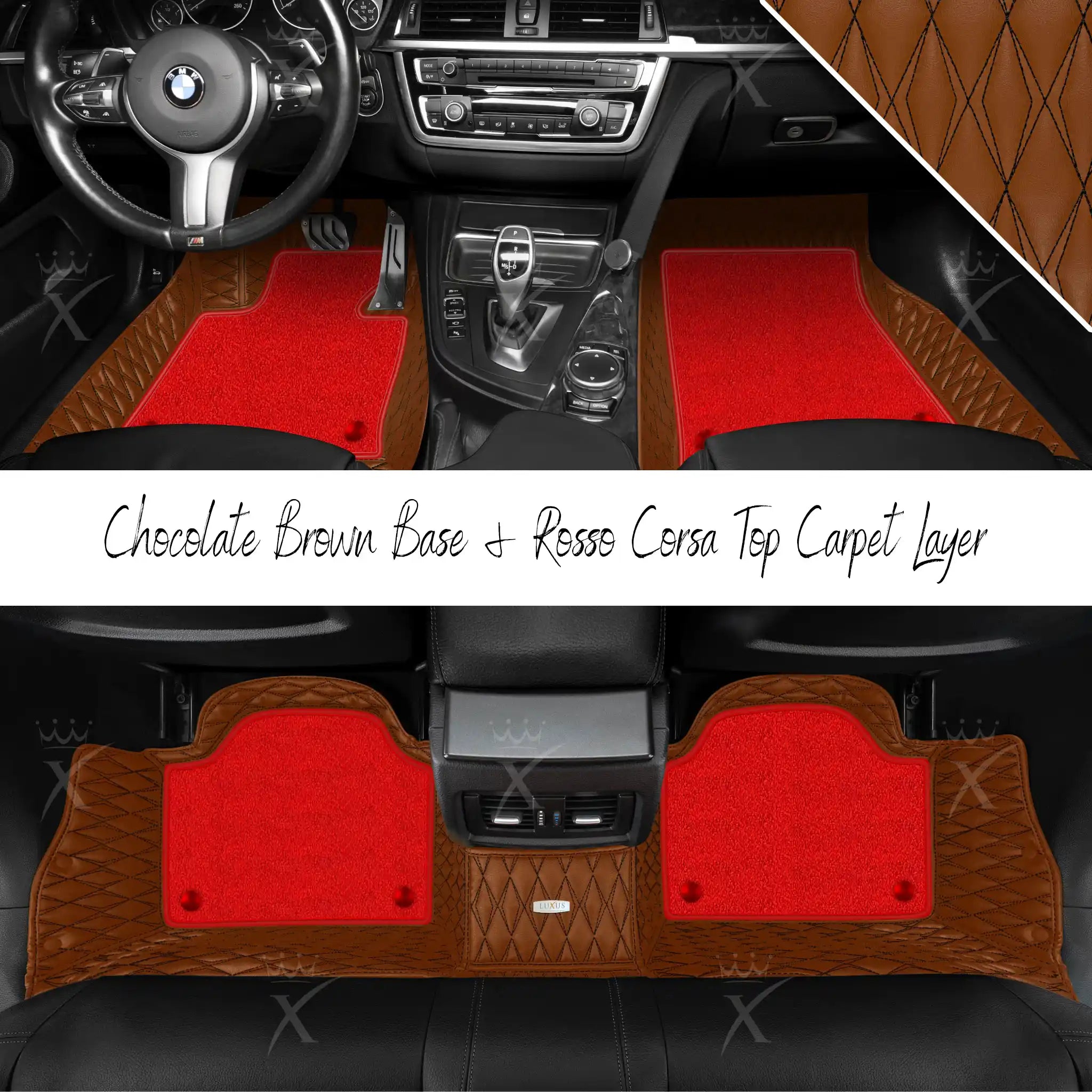 Chocolate Brown Twin Diamond & Rosso Corsa Carpet | Double Layer Luxury Car Mats Set