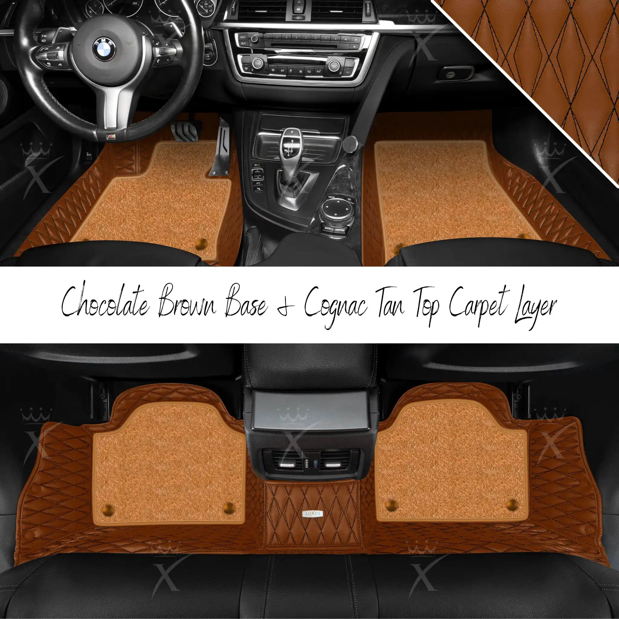 Chocolate Brown Twin Diamond & Cognac Tan Carpet | Double Layer Luxury Car Mats Set