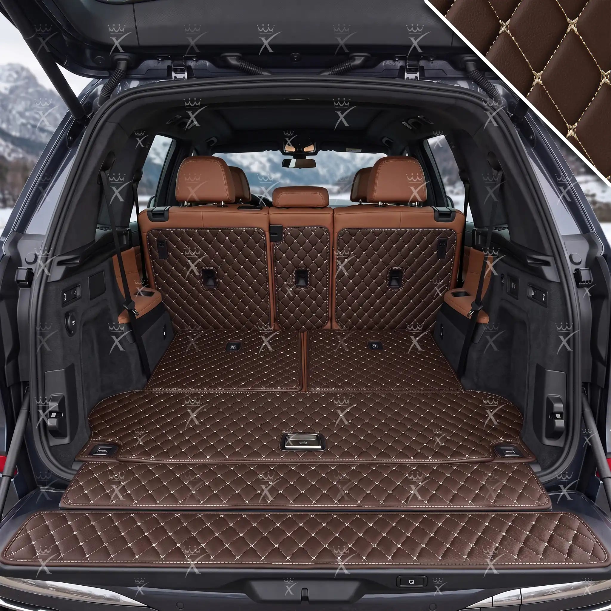 Luxus Car Mats™ - Tapete para maletero/maletero de cuero de lujo con costuras negras y negras en 3D