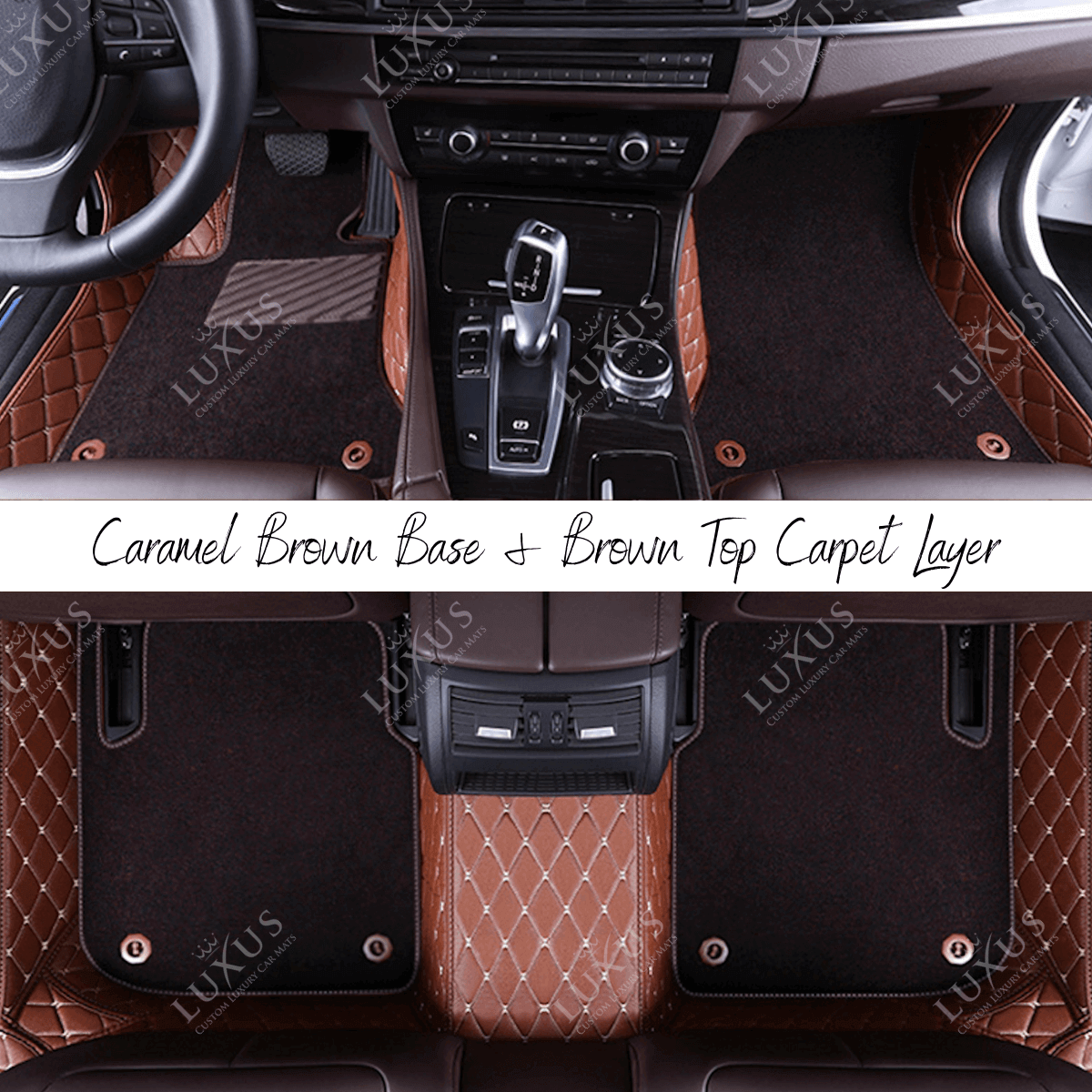 Caramel Brown Diamond Base & Brown Top Carpet Double Layer Luxury Car Mats Set