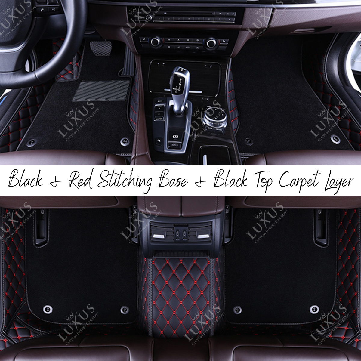 Black & Red Stitching Diamond Base & Black Top Carpet Double Layer Luxury Car Mats Set