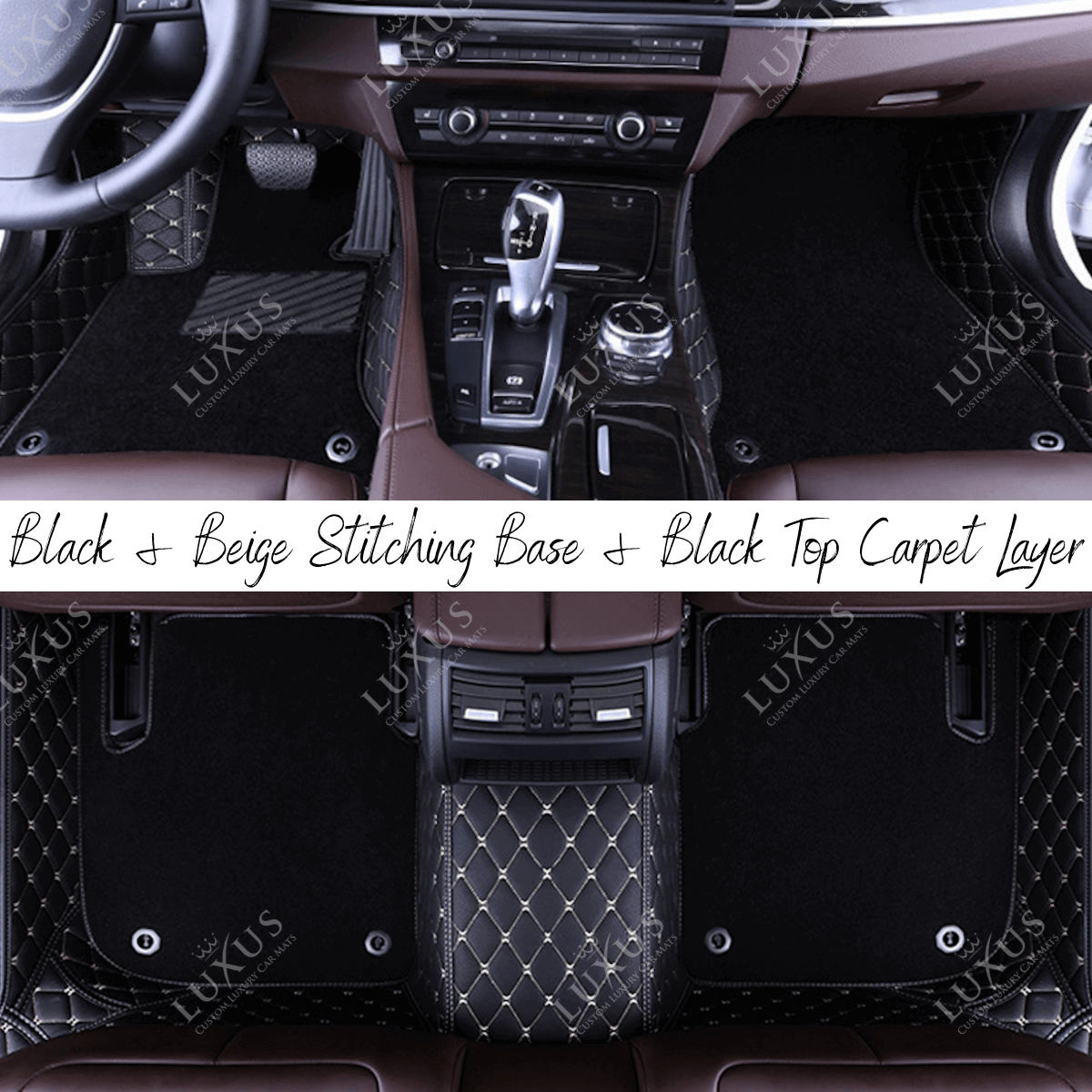 Black & Beige Stitching Diamond Base & Black Top Carpet Double Layer Luxury Car Mats Set