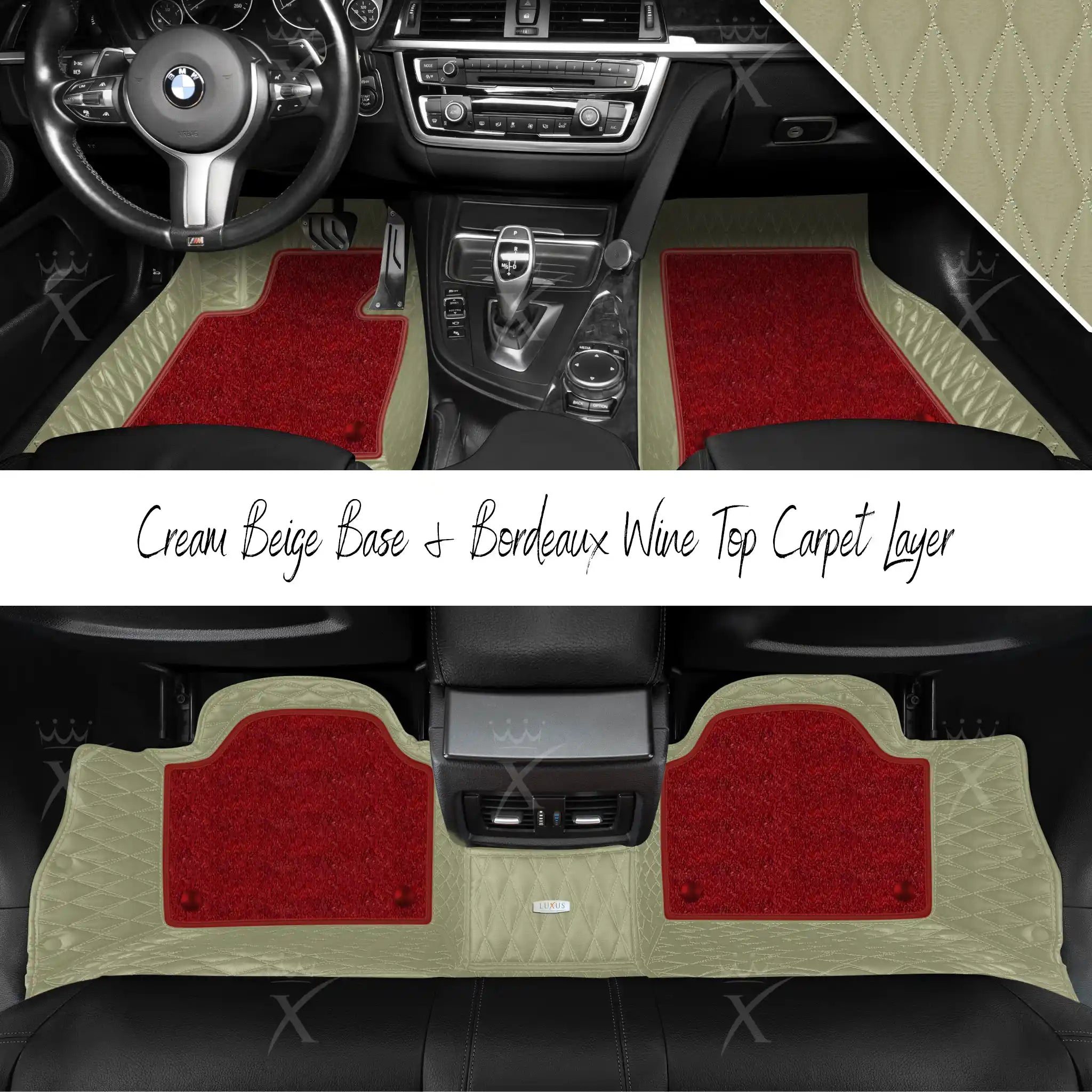 Cream Beige Twin Diamond & Bordeaux Wine Carpet | Double Layer Luxury Car Mats Set