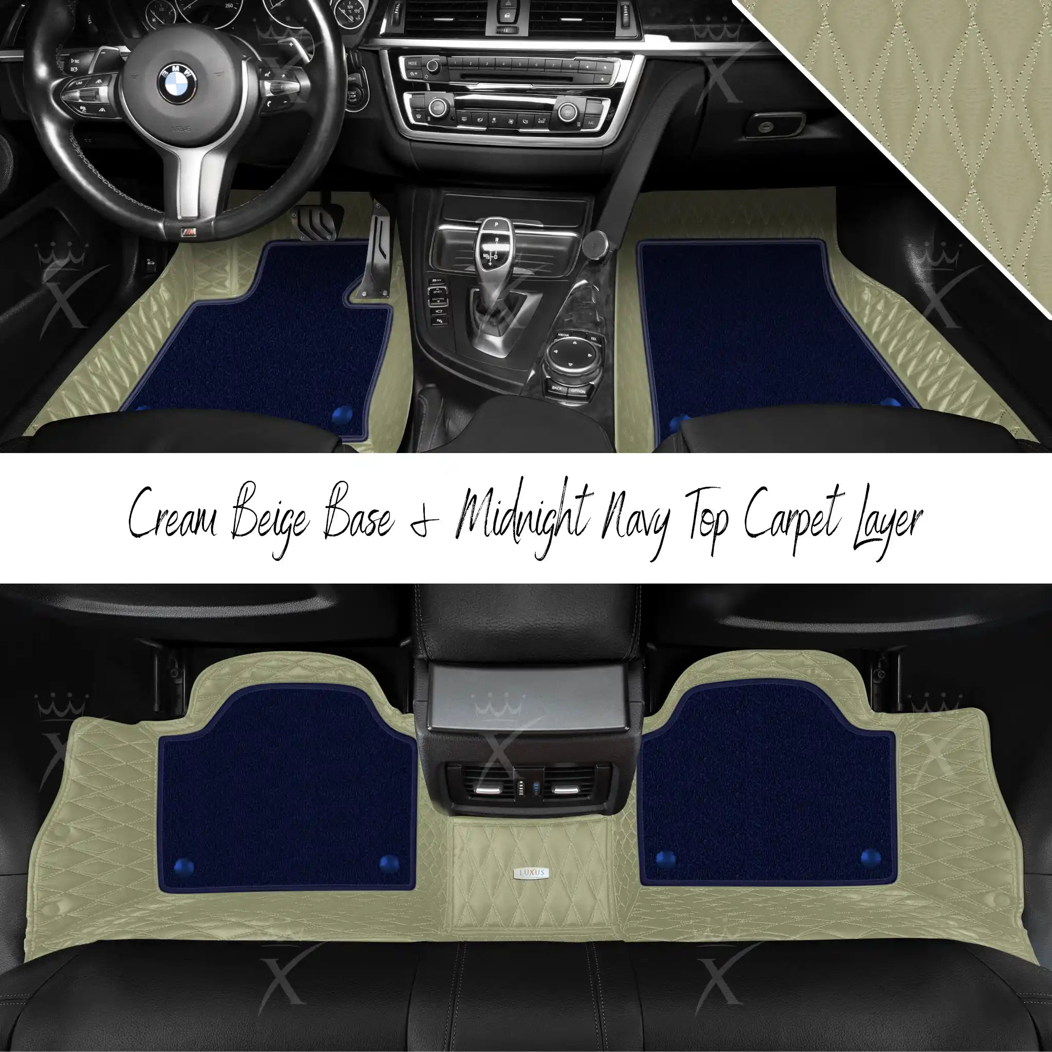 Cream Beige Twin Diamond & Midnight Navy Carpet | Double Layer Luxury Car Mats Set