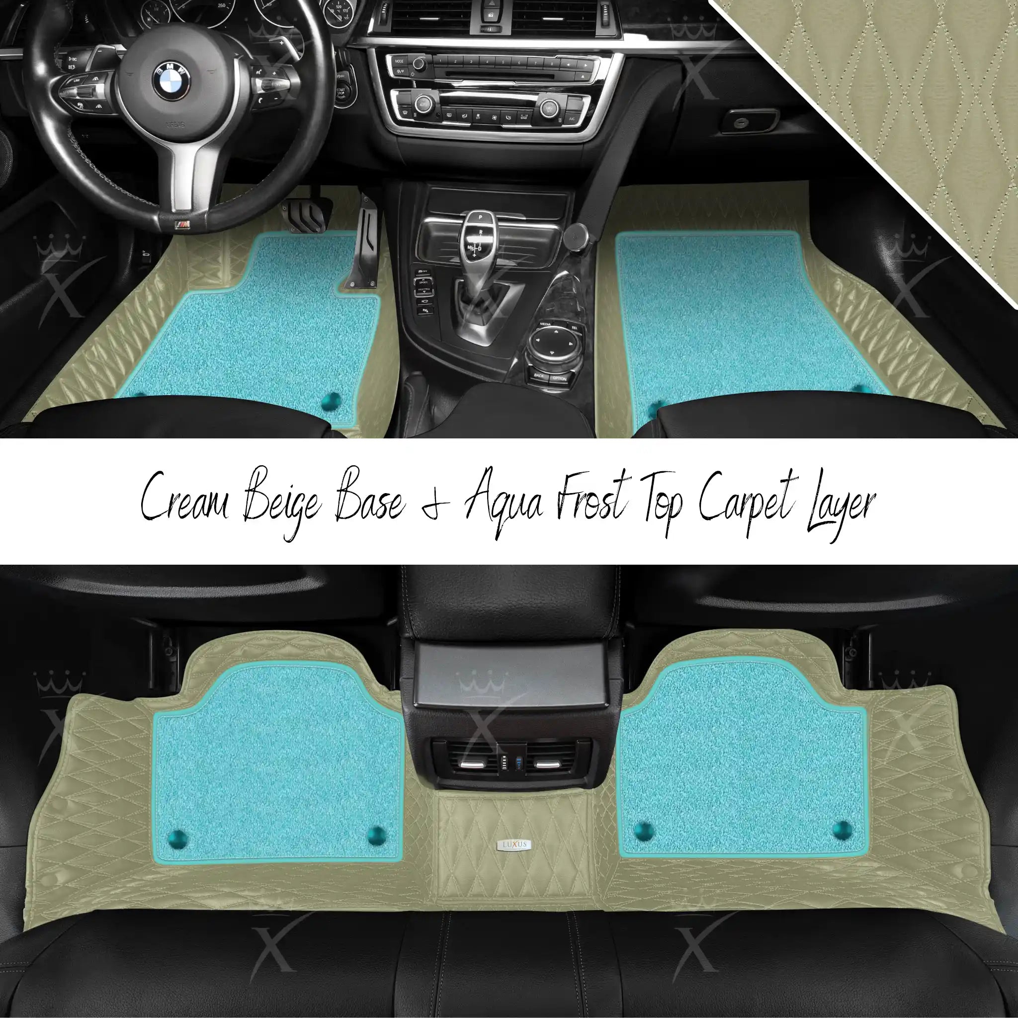 Cream Beige Twin Diamond & Aqua Frost Carpet | Double Layer Luxury Car Mats Set