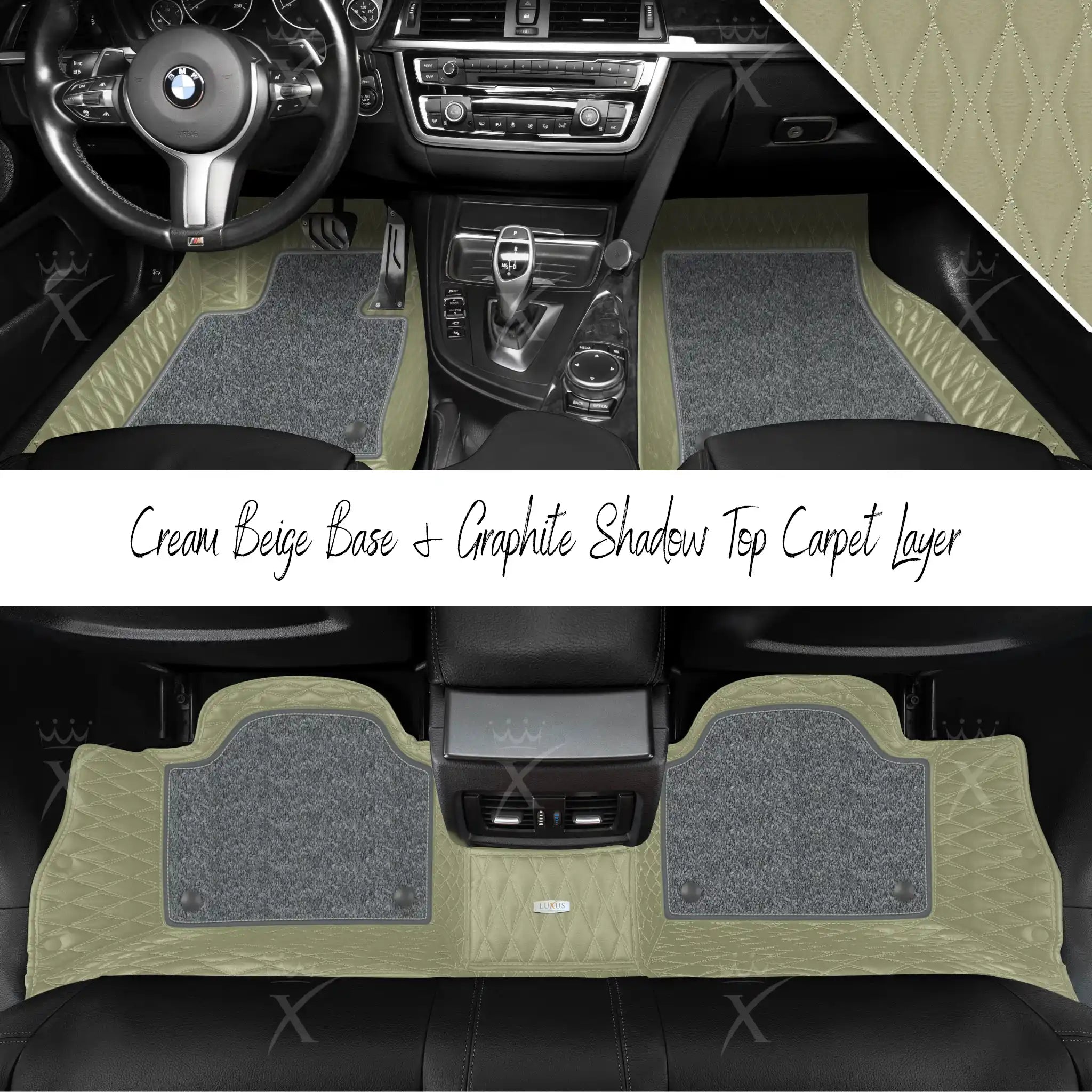 Cream Beige Twin Diamond & Graphite Shadow Carpet | Double Layer Luxury Car Mats Set