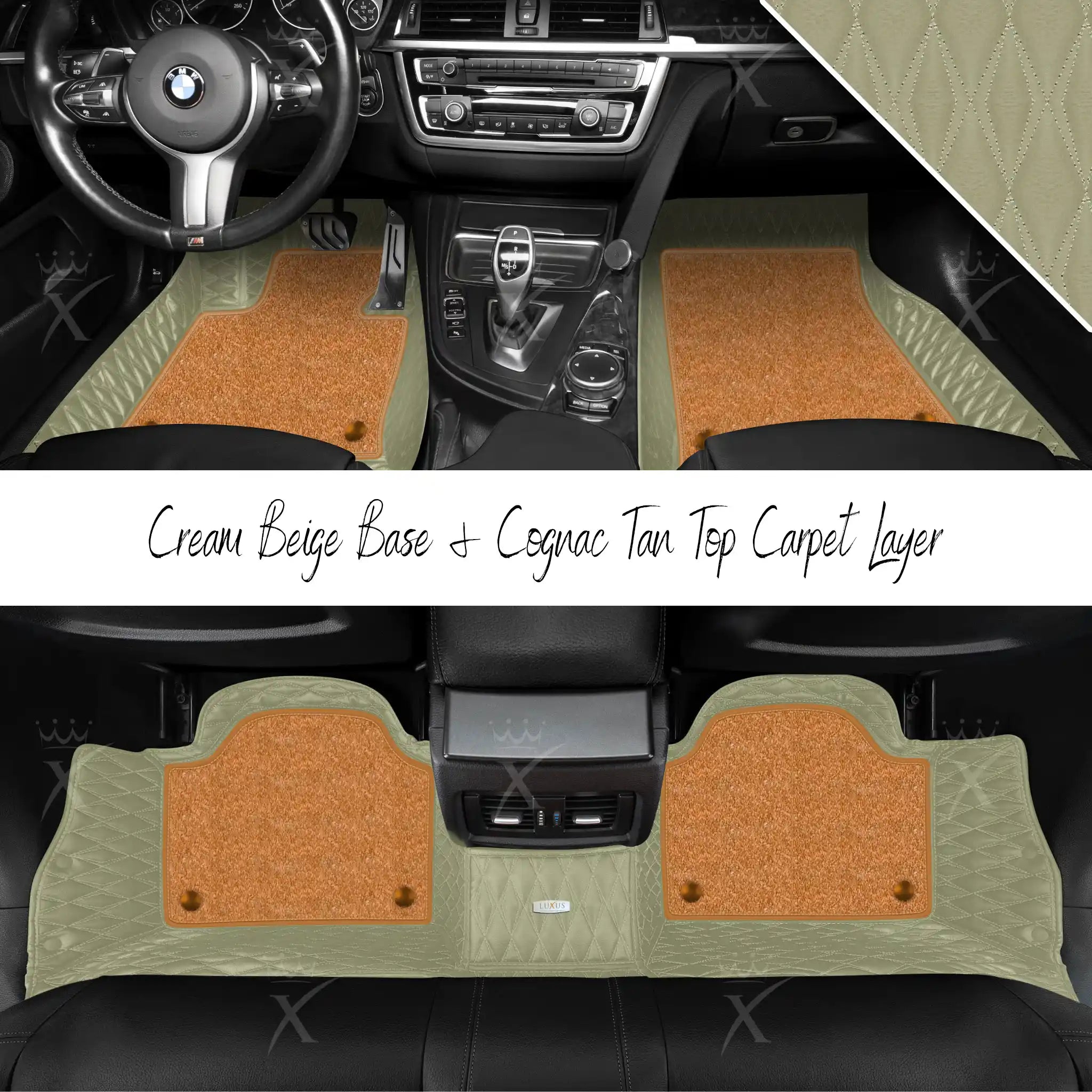 Cream Beige Twin Diamond & Cognac Tan Carpet | Double Layer Luxury Car Mats Set