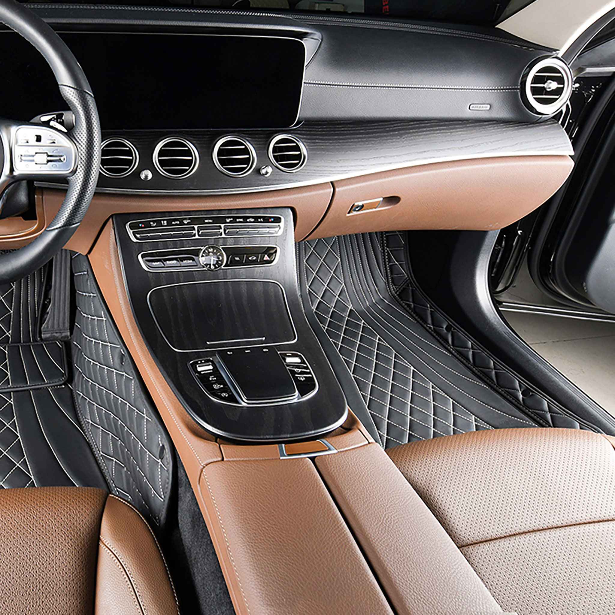 NEW Black & White Stitching Hybrid Luxury Car Mats Set