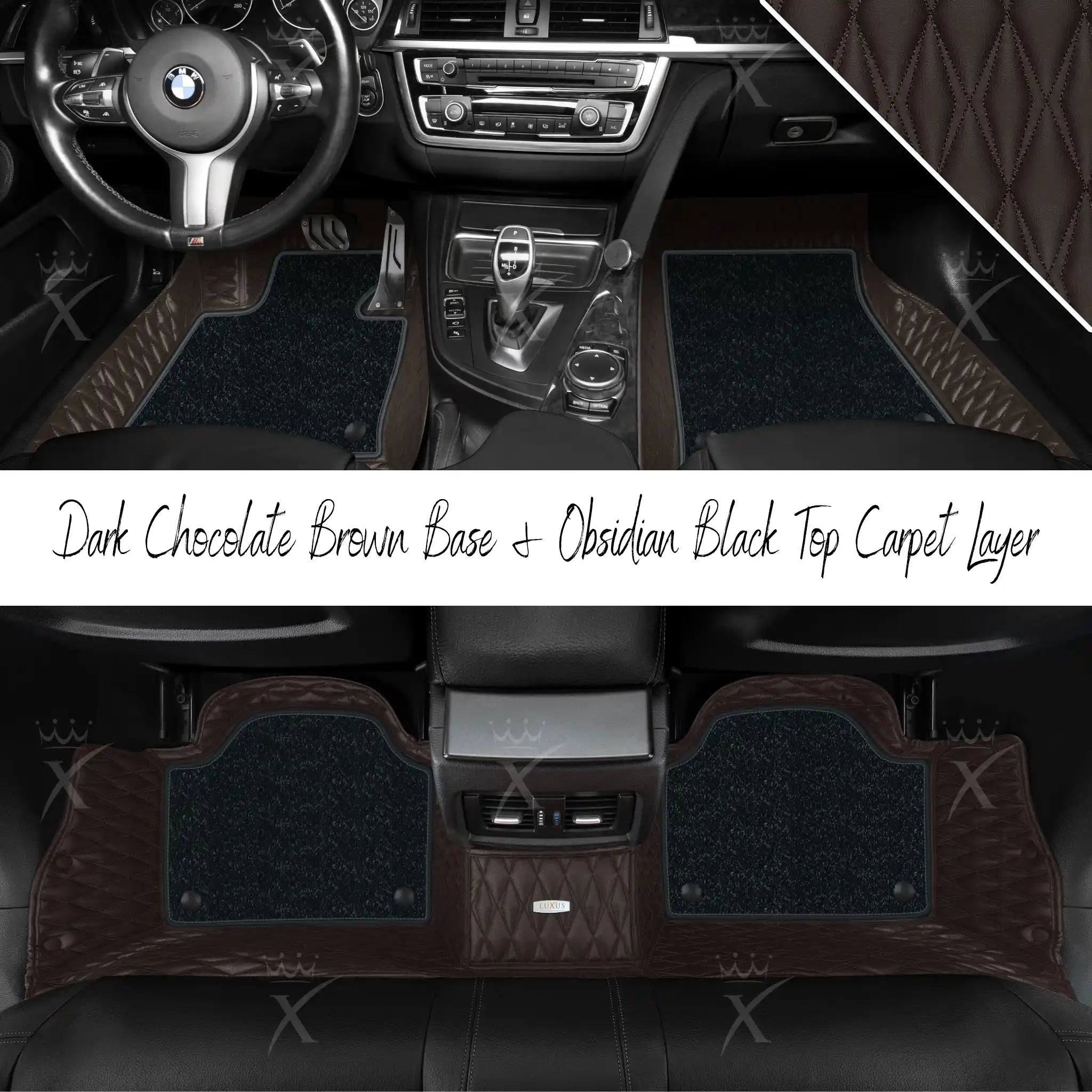 Dark Chocolate Brown Twin Diamond & Obsidian Black Carpet | Double Layer Luxury Car Mats Set