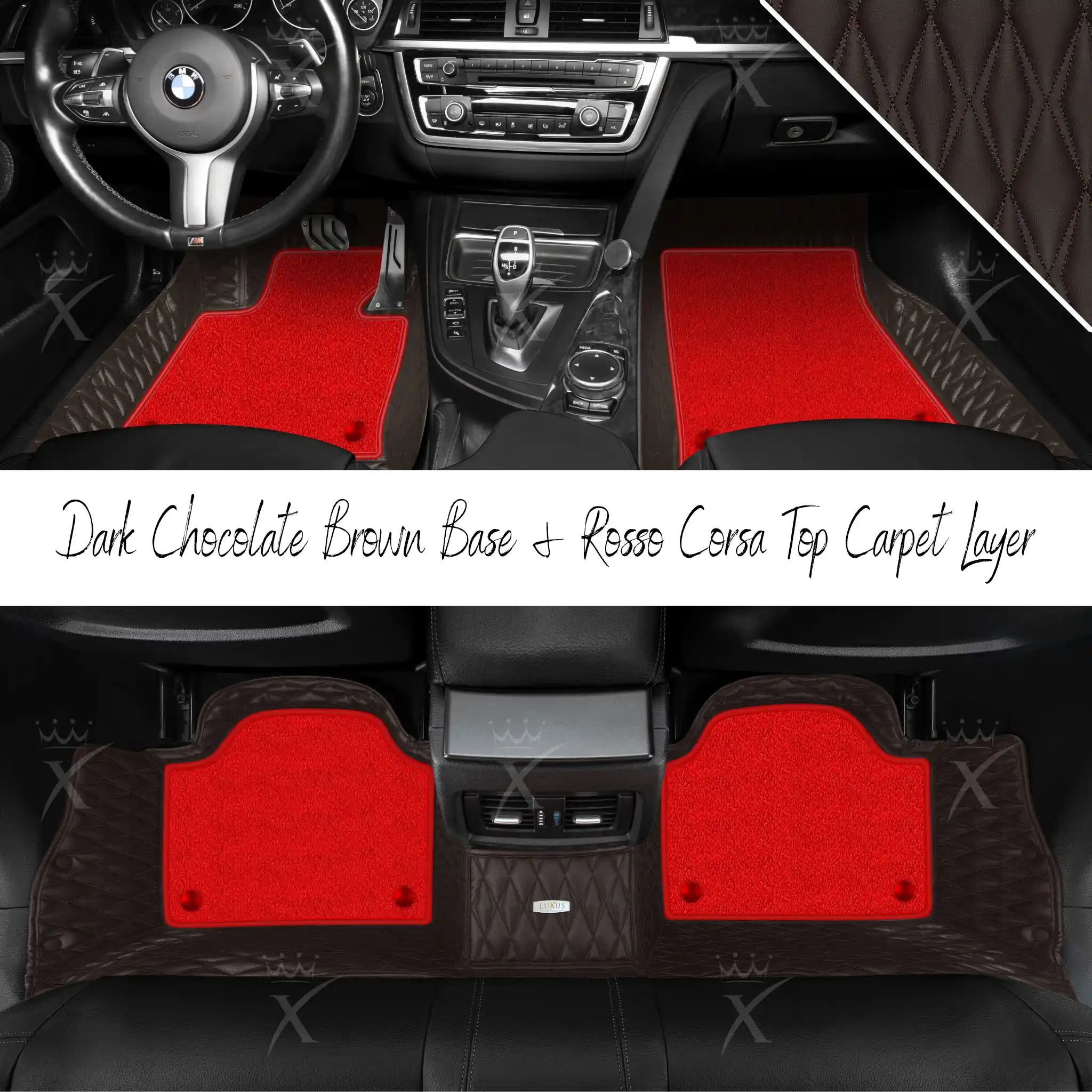 Dark Chocolate Brown Twin Diamond & Rosso Corsa Carpet | Double Layer Luxury Car Mats Set