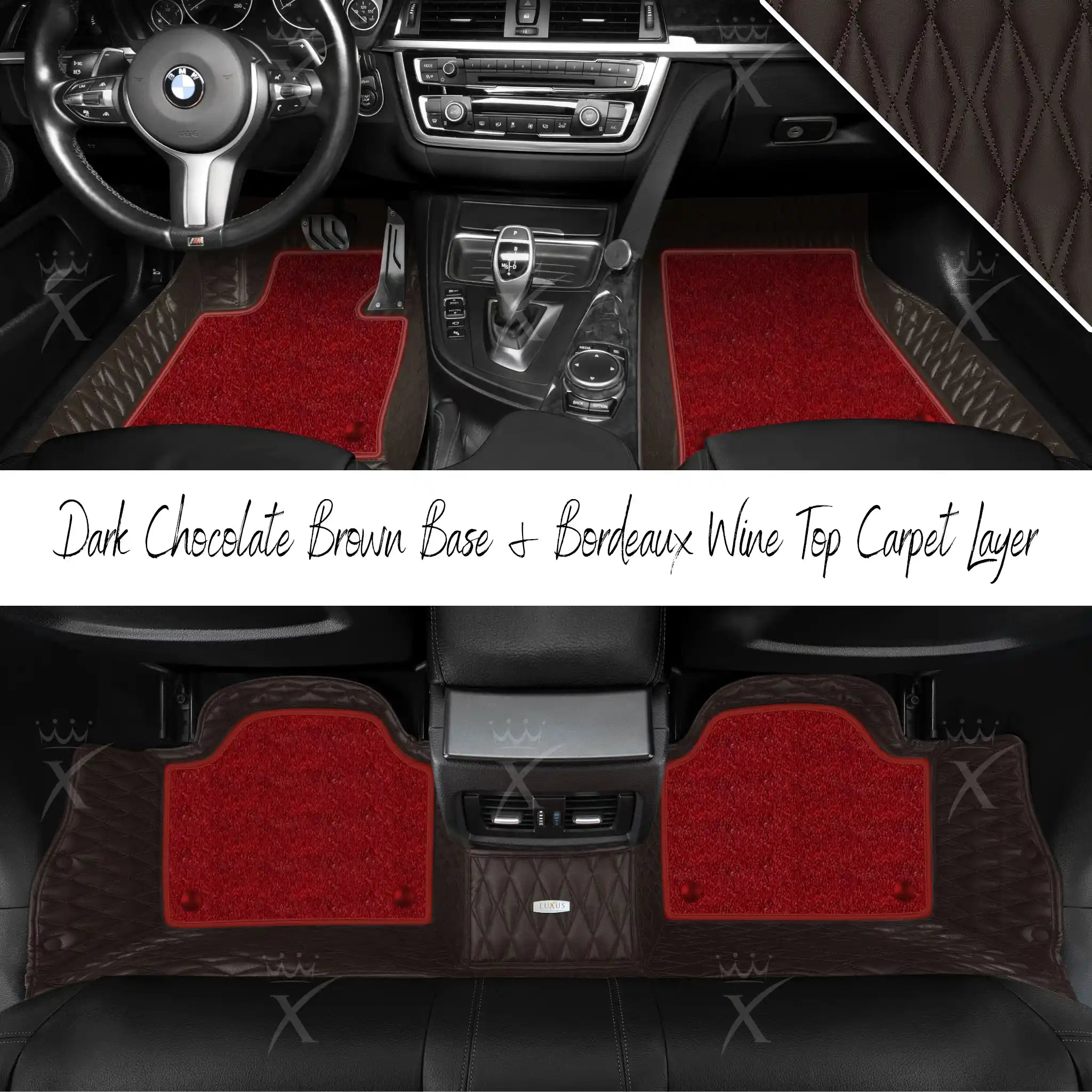 Dark Chocolate Brown Twin Diamond & Bordeaux Wine Carpet | Double Layer Luxury Car Mats Set