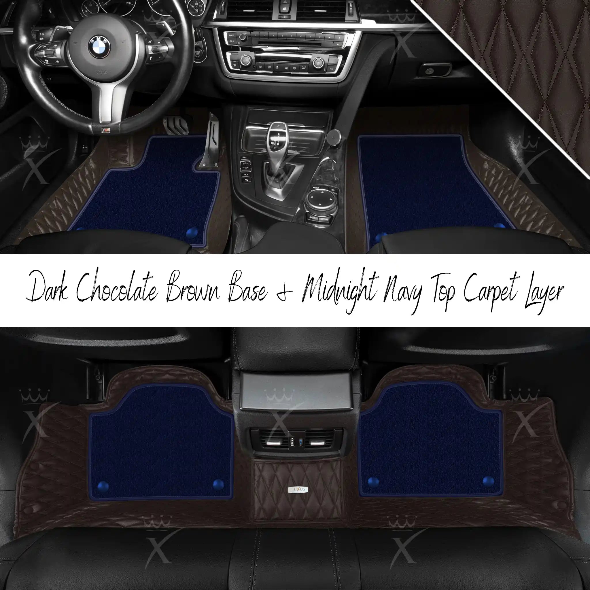 Dark Chocolate Brown Twin Diamond & Midnight Navy Carpet | Double Layer Luxury Car Mats Set