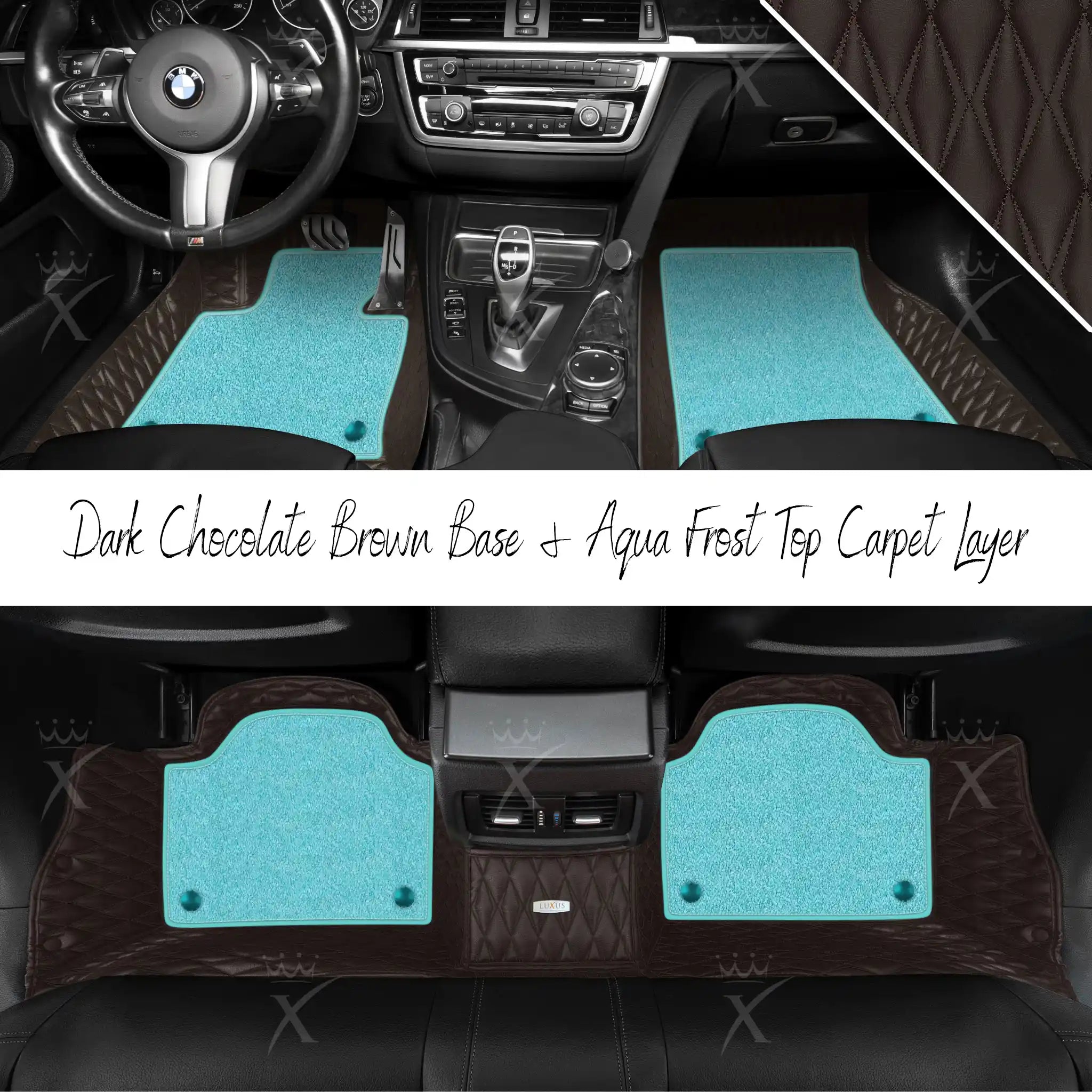 Dark Chocolate Brown Twin Diamond & Aqua Frost Carpet | Double Layer Luxury Car Mats Set