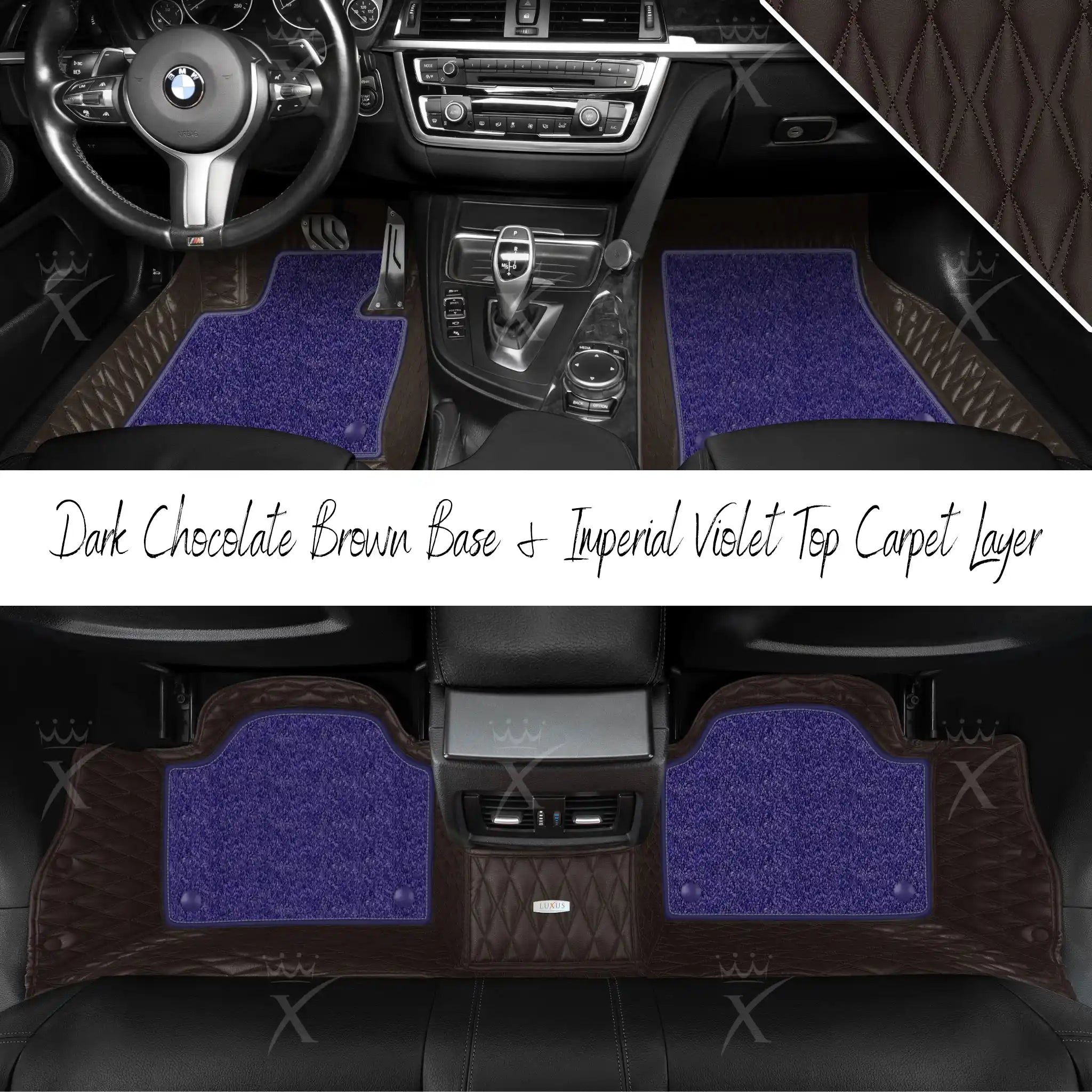 Dark Chocolate Brown Twin Diamond & Imperial Violet Carpet | Double Layer Luxury Car Mats Set