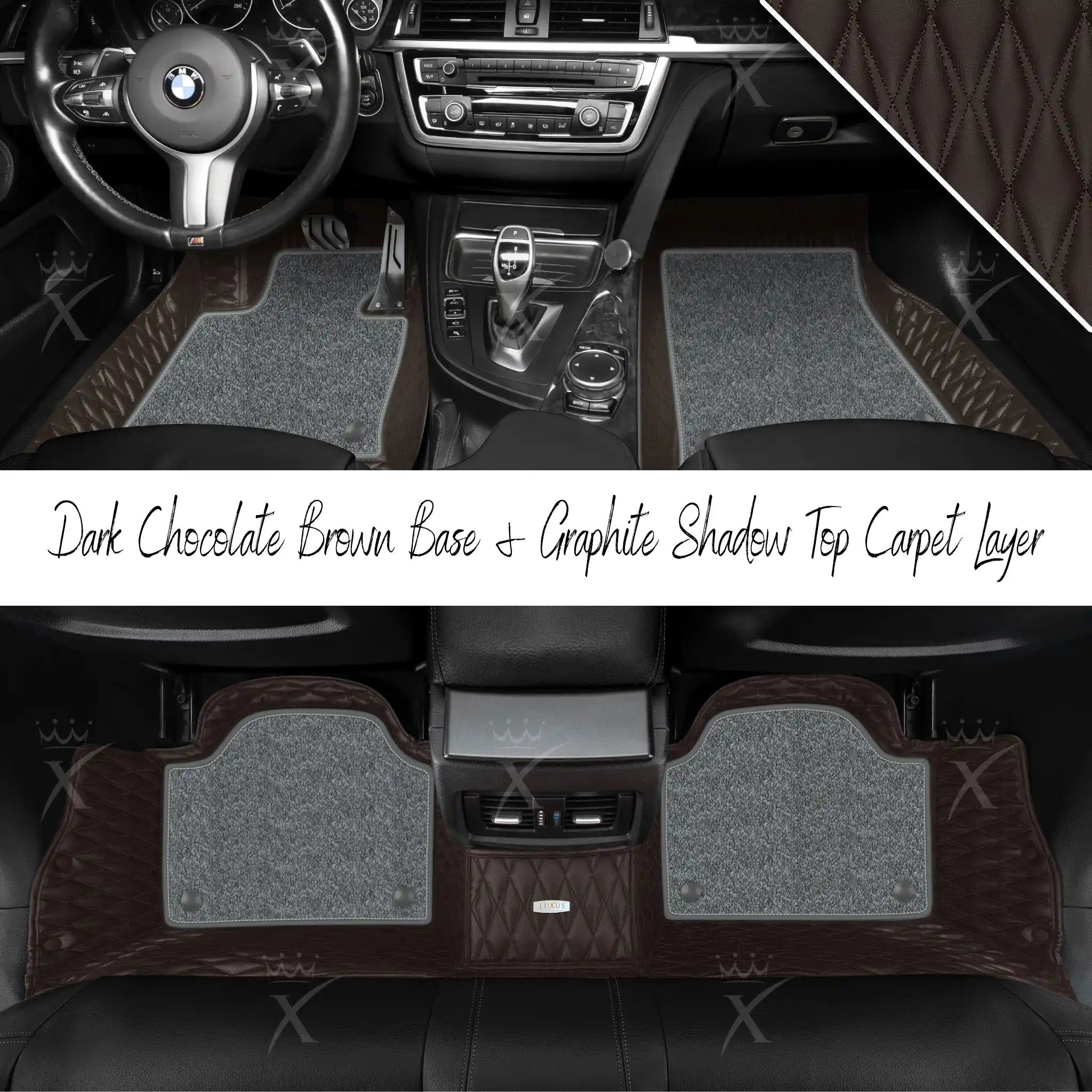 Dark Chocolate Brown Twin Diamond & Graphite Shadow Carpet | Double Layer Luxury Car Mats Set