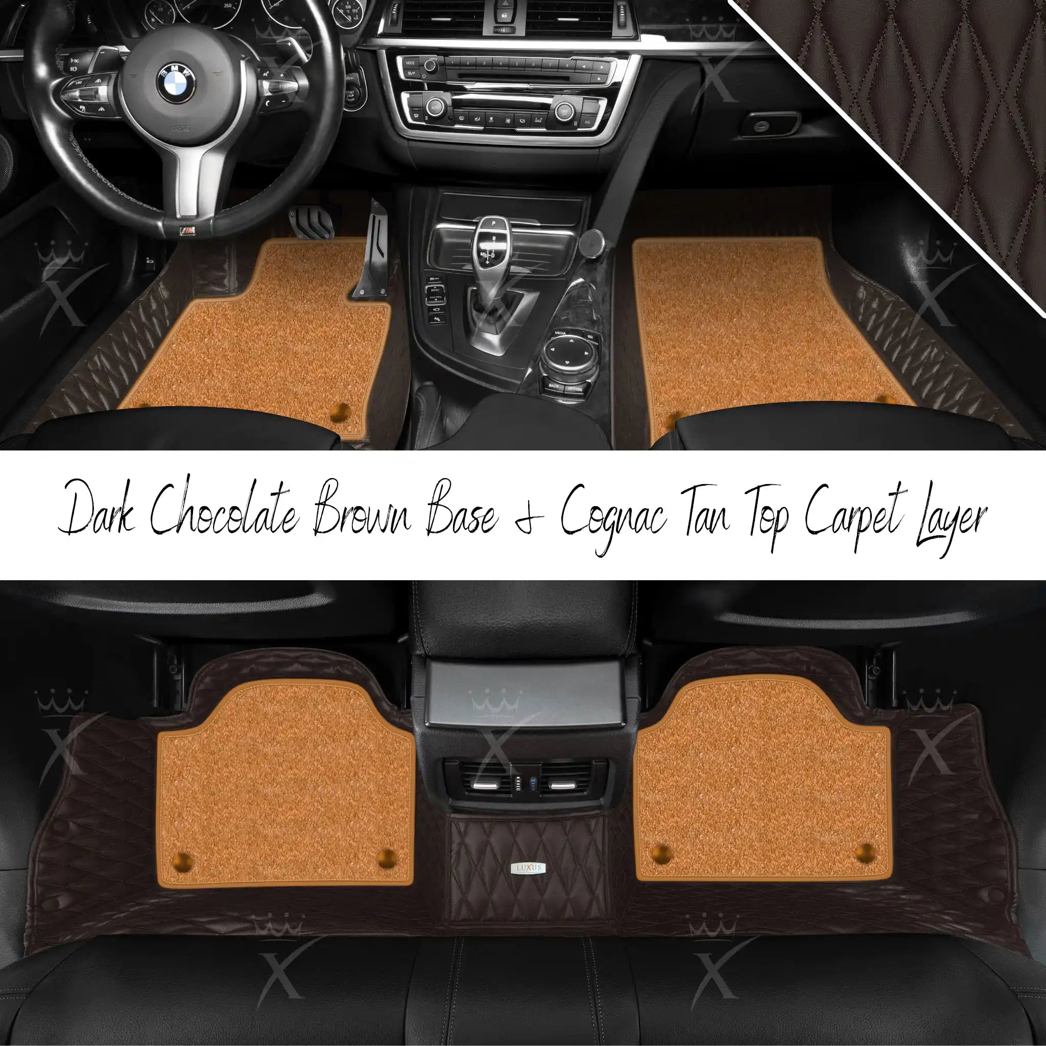 Dark Chocolate Brown Twin Diamond & Cognac Tan Carpet | Double Layer Luxury Car Mats Set