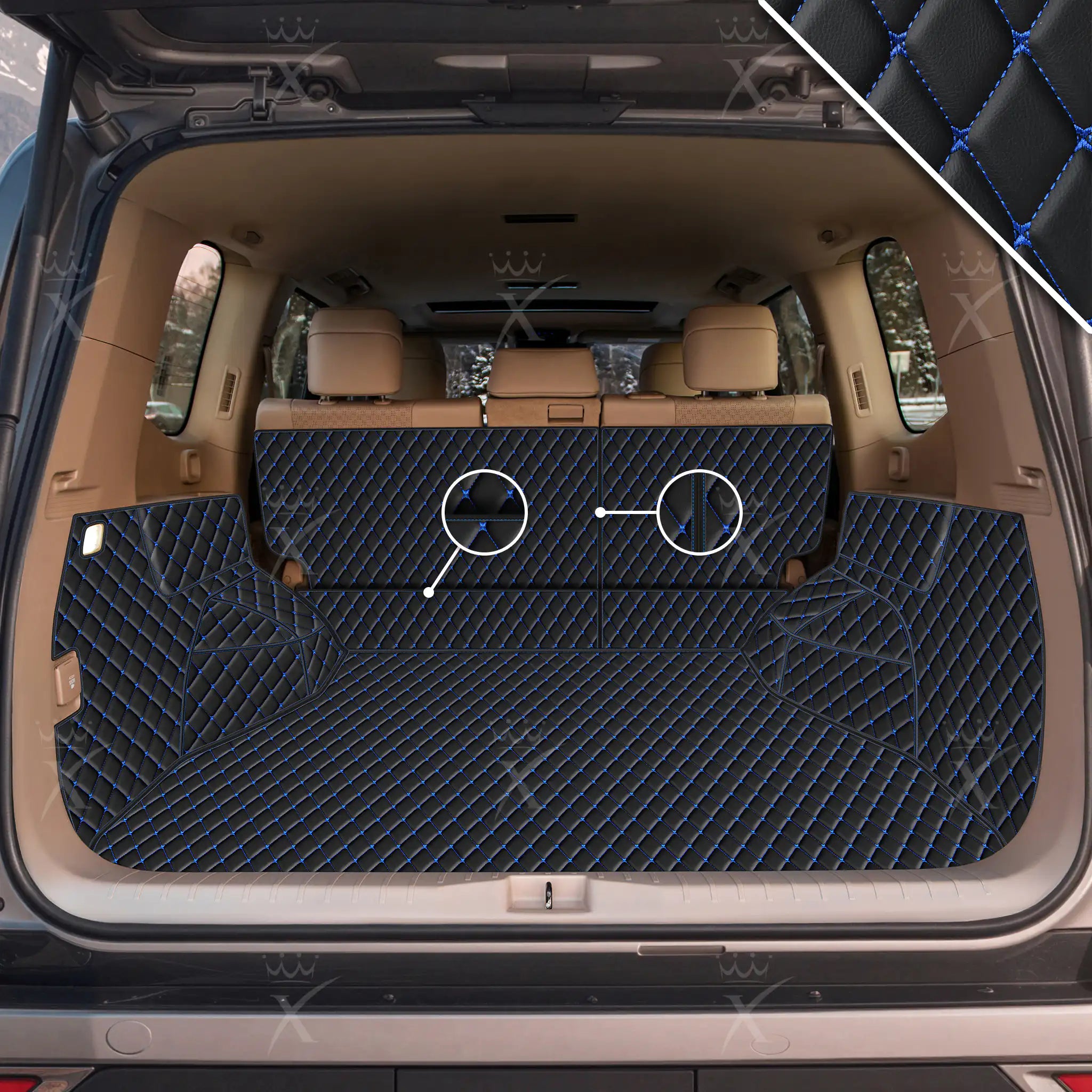 Tappetini per auto Luxus™ - Tappetino per bagagliaio/stivale in pelle di lusso 3D con cuciture nere e blu