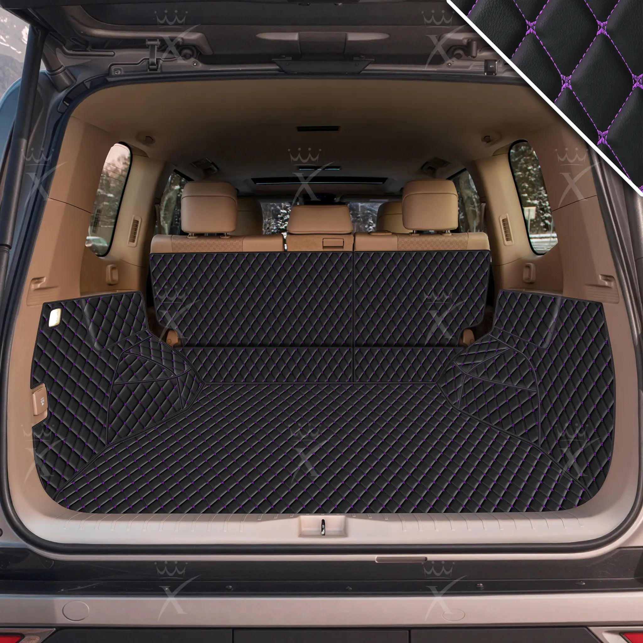 Tappetini per auto Luxus™ - Tappetino per bagagliaio/stivale in pelle di lusso 3D con cuciture nere e viola