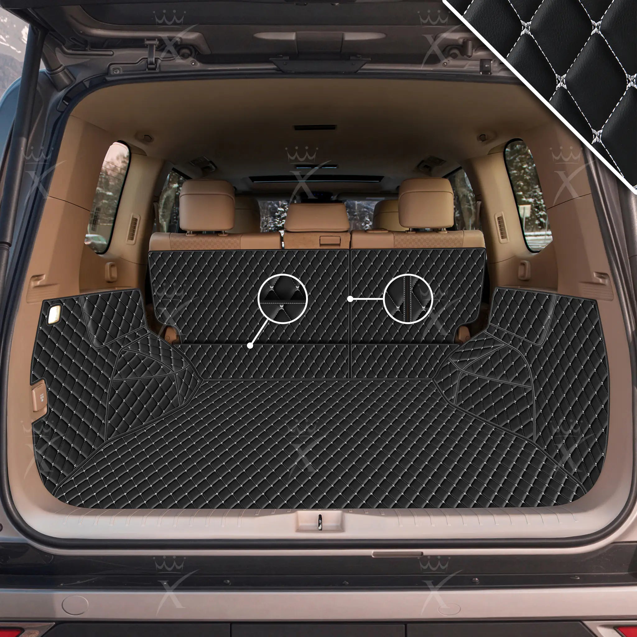 Tappetini per auto Luxus™ - Tappetino per bagagliaio/stivale in pelle di lusso 3D con cuciture in bianco e nero