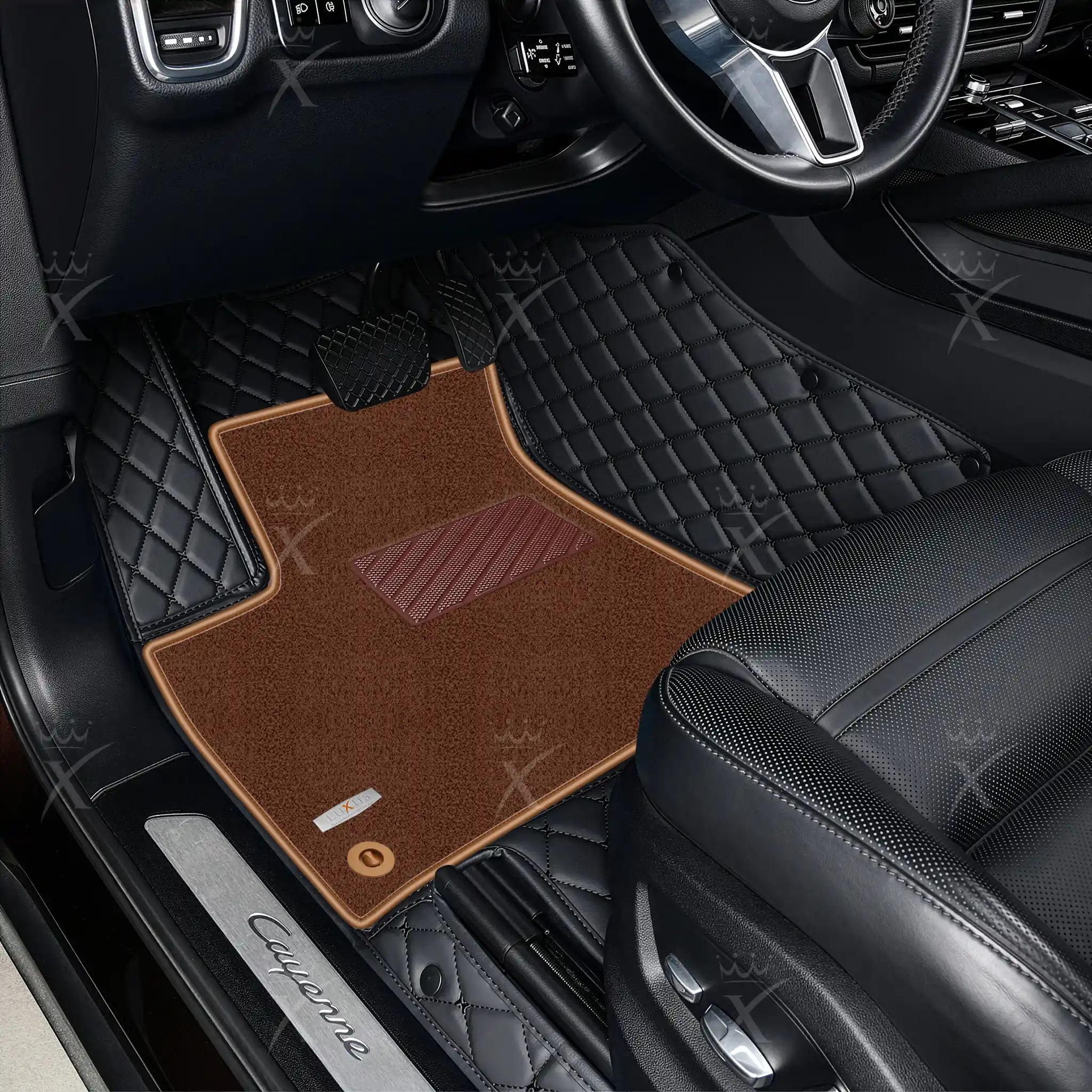 Black & Black Stitching Diamond & Brown Carpet | Double Layer Luxury Car Mats Set