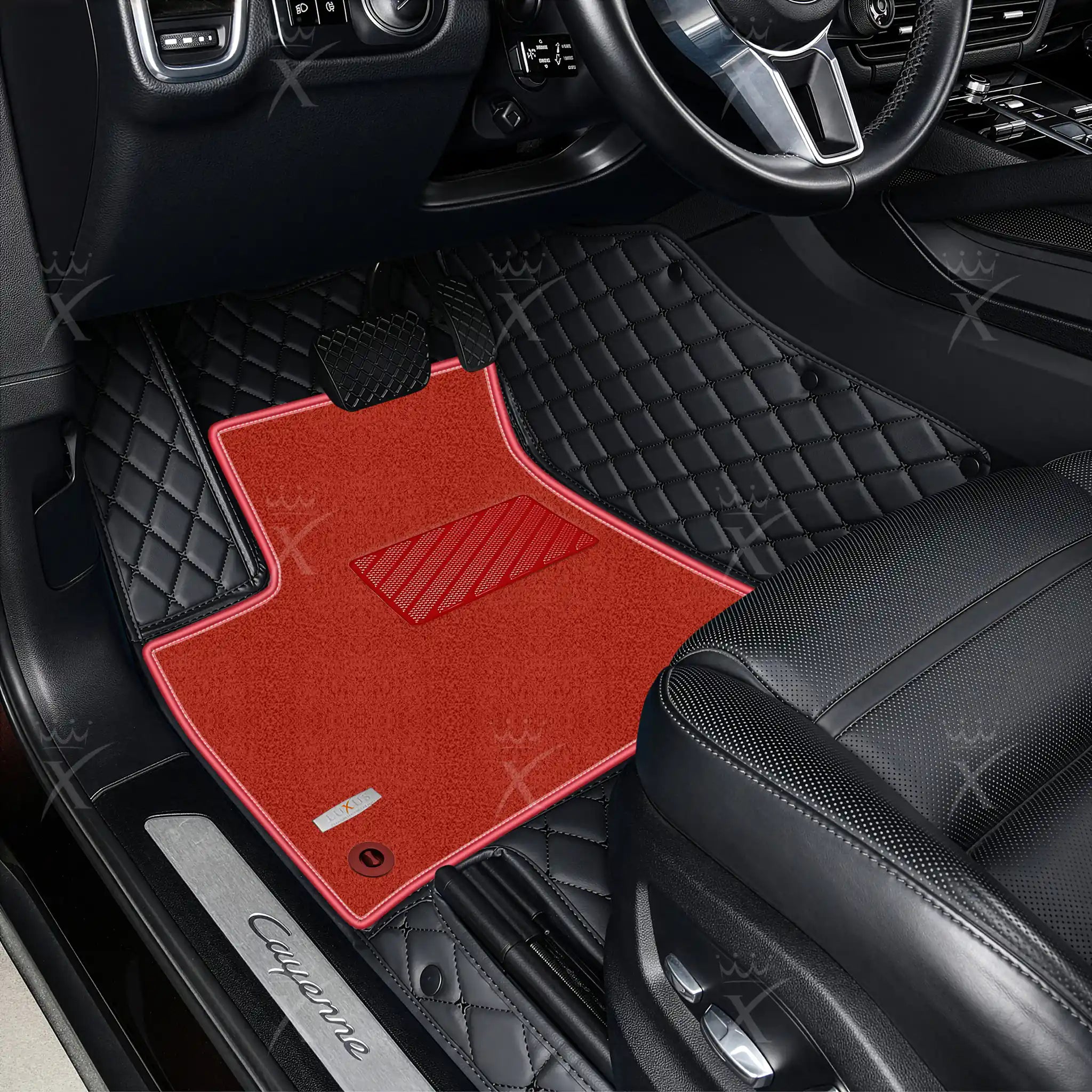 Black & Black Stitching Diamond & Red Carpet Double Layer Luxury Car Mats Set