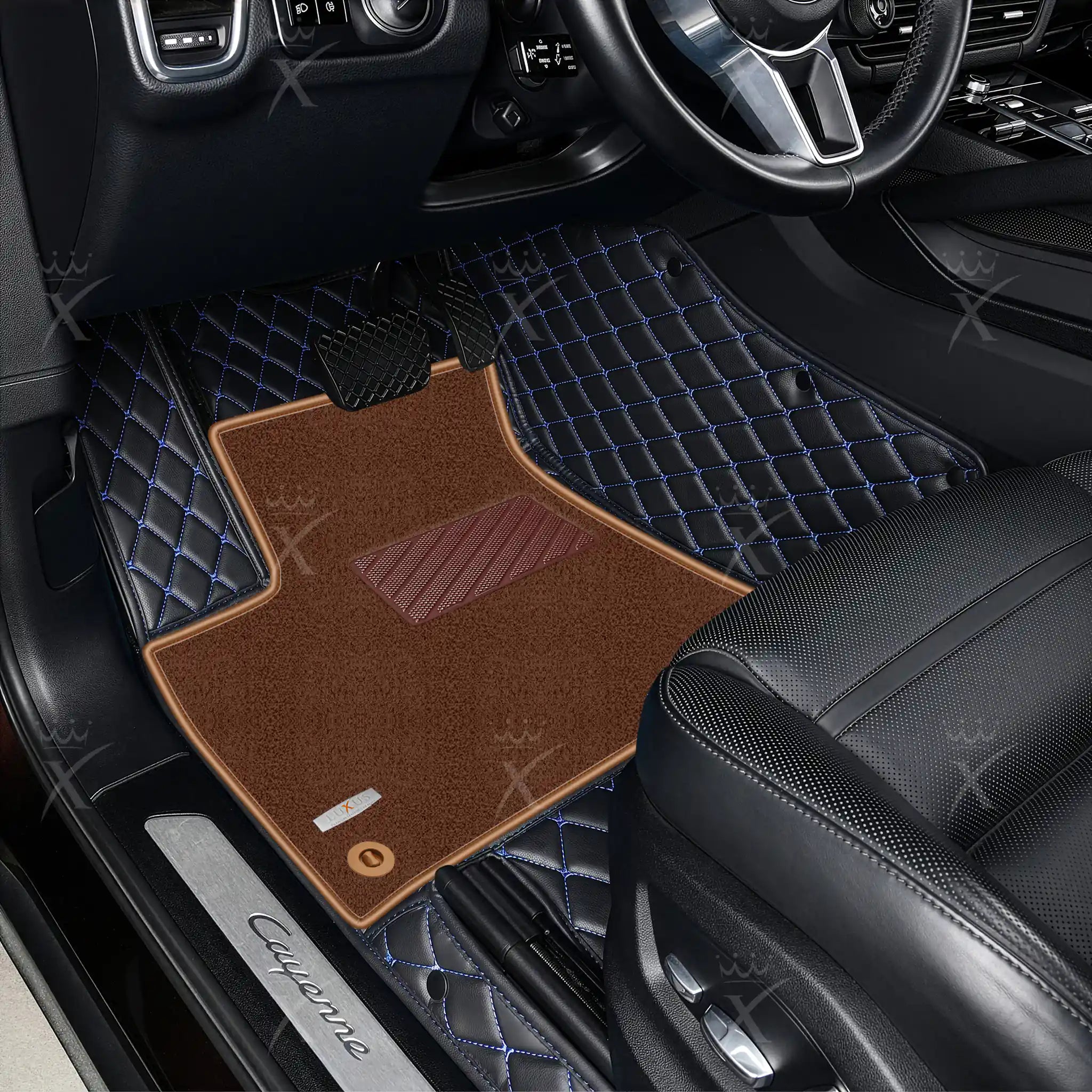 Luxus Diamond Double Layer Series Floor Mats | Black & Blue Stitching & Brown Top Carpet