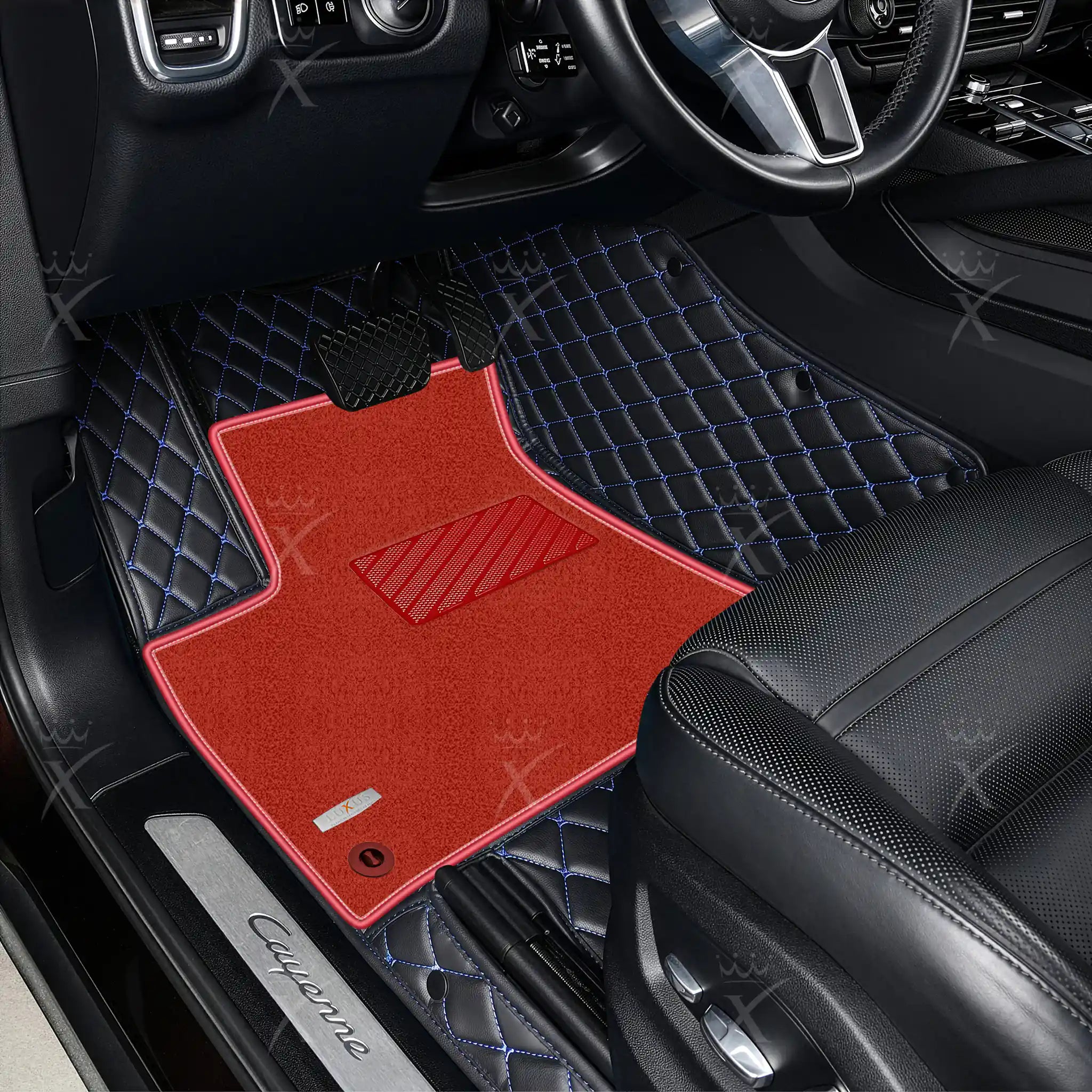 Black & Blue Stitching Diamond & Red Carpet | Double Layer Luxury Car Mats Set