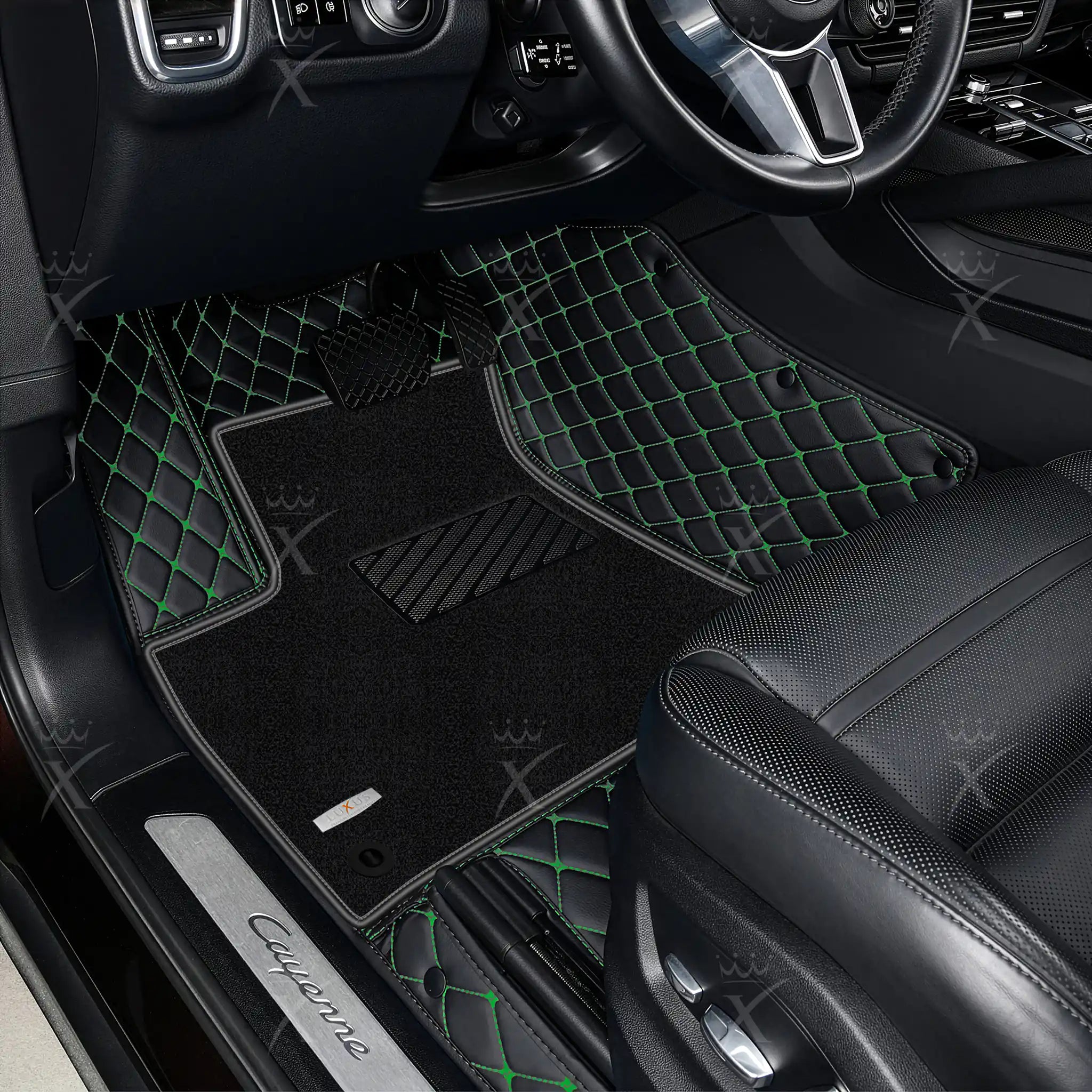 Black & Green Stitching Diamond & Black Carpet | Double Layer Luxury Car Mats Set