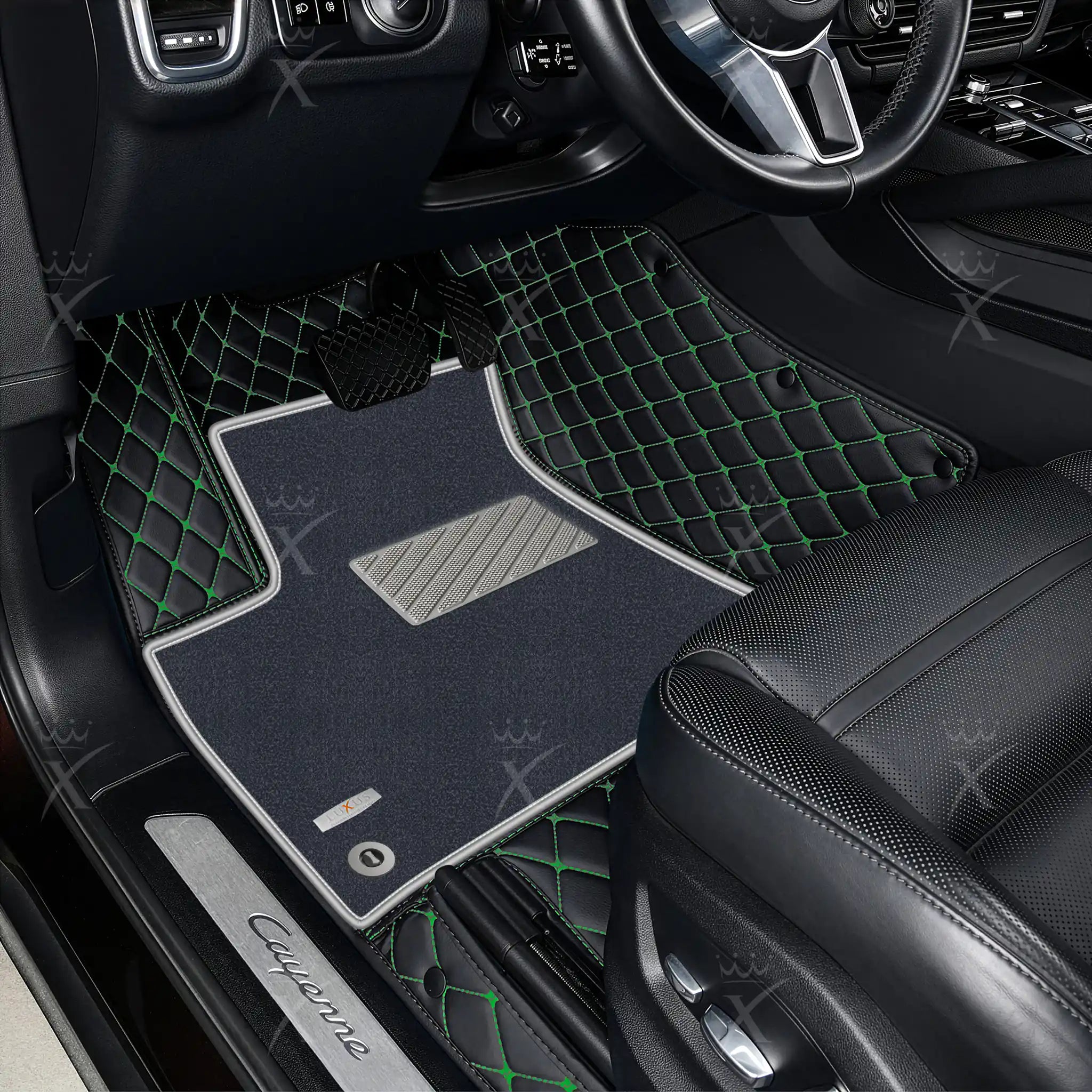 Black & Green Stitching Diamond & Gray Carpet | Double Layer Luxury Car Mats Set
