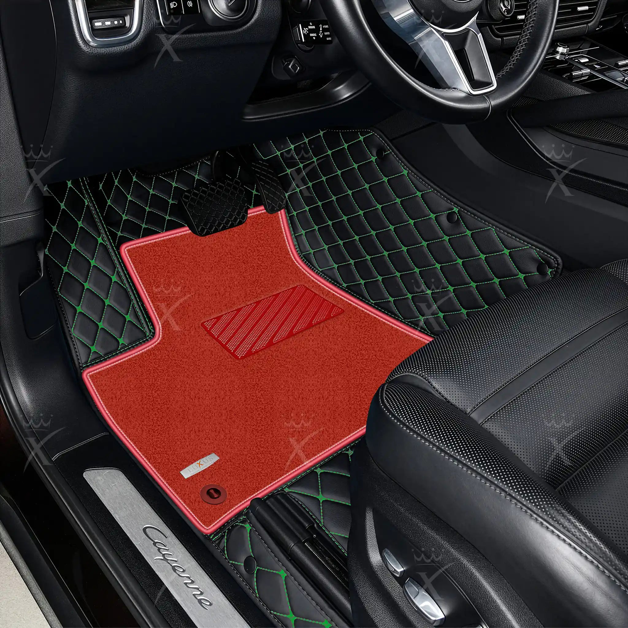 Black & Green Stitching Diamond & Red Carpet | Double Layer Luxury Car Mats Set