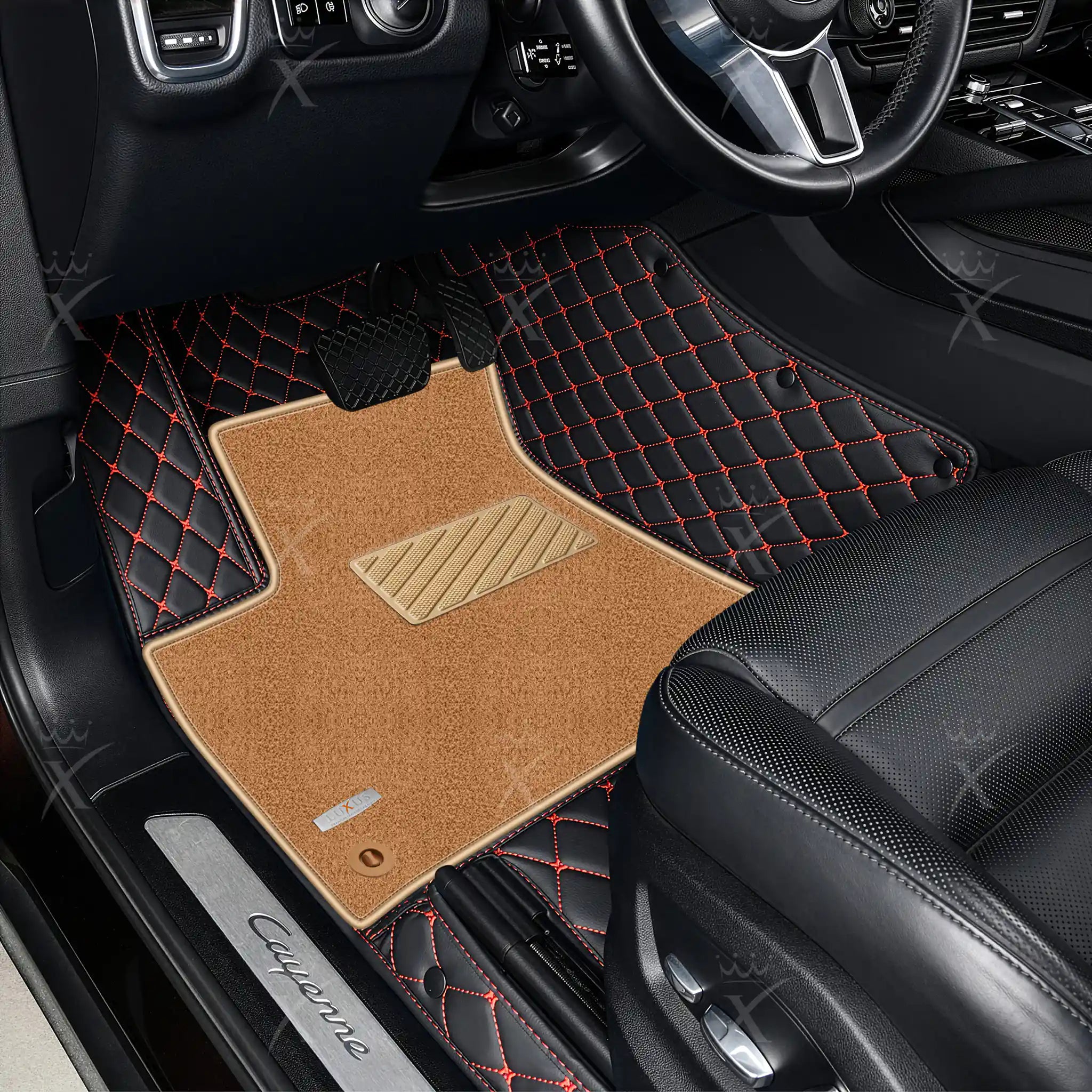 Black & Red Stitching Diamond & Beige Carpet | Double Layer Luxury Car Mats Set