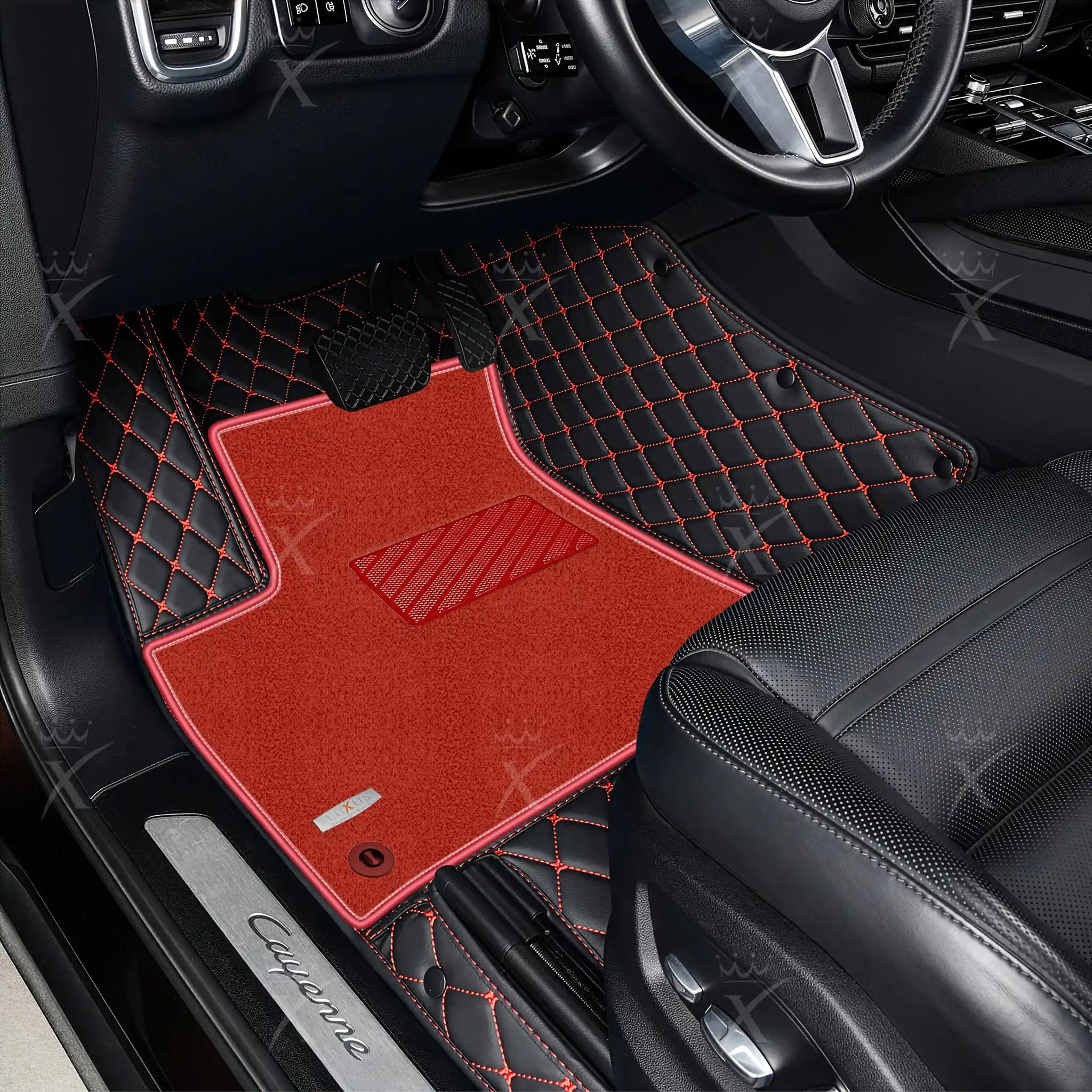 Black & Red Stitching Diamond & Red Carpet | Double Layer Luxury Car Mats Set