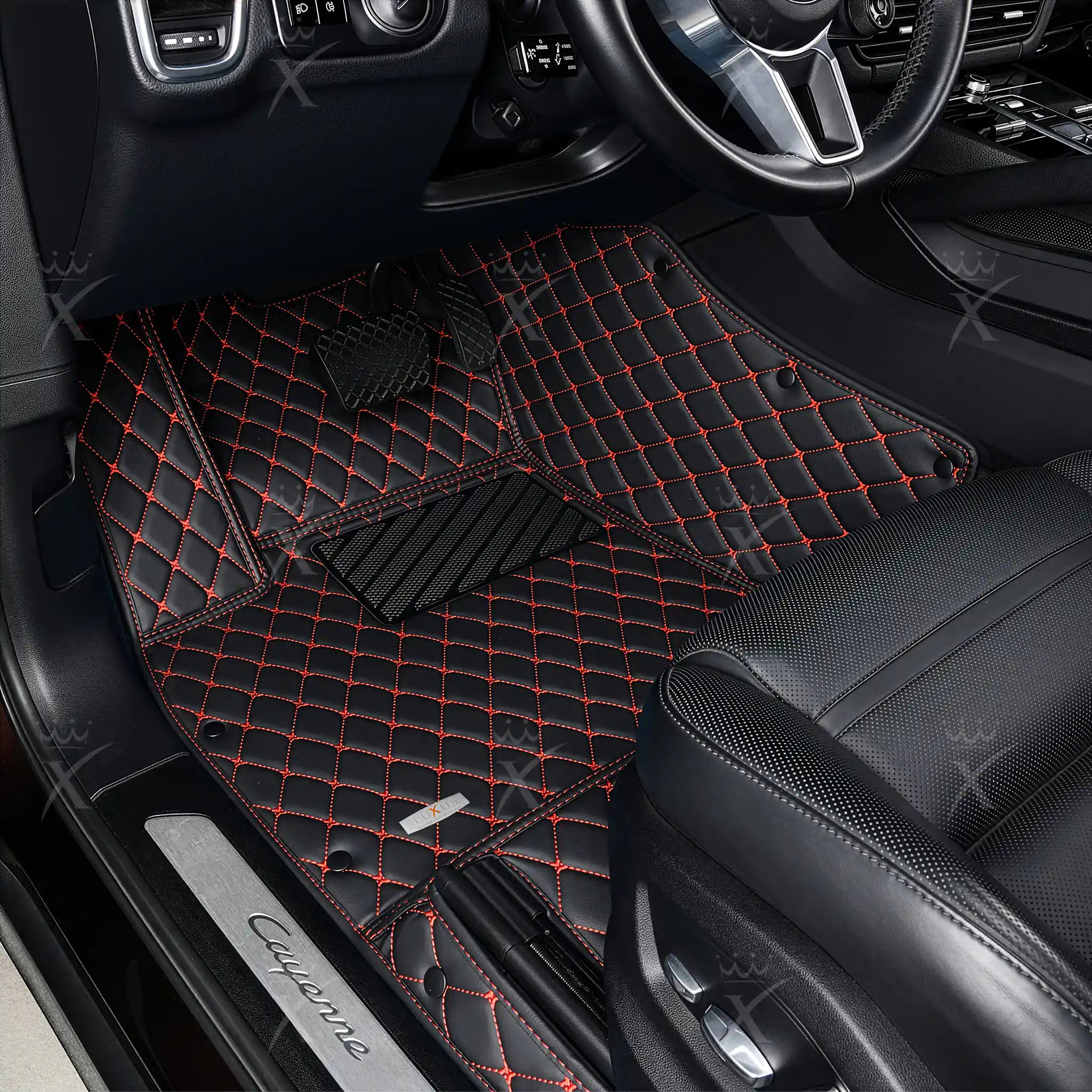 Luxus Premium Diamond Custom Car Mats Set | Black & Red Stitching