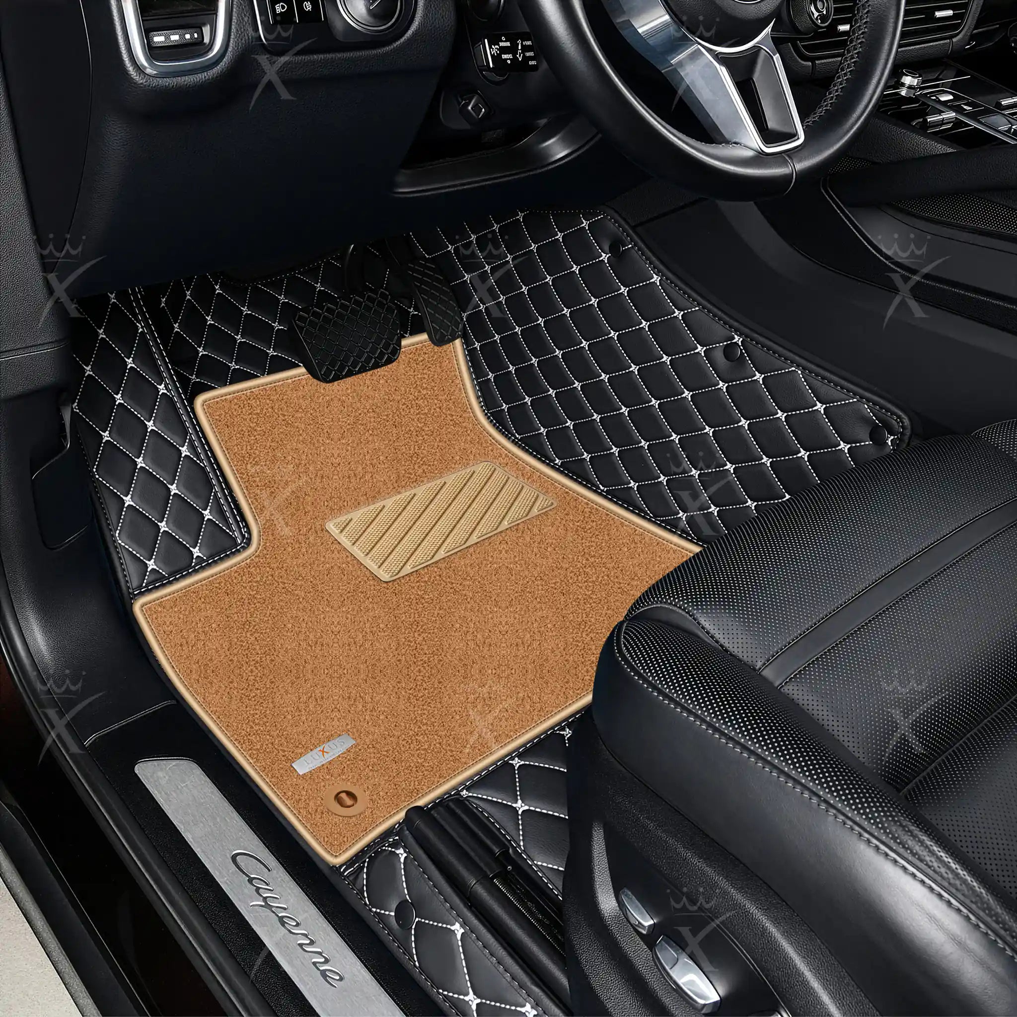 Black & White Stitching Diamond & Beige Carpet | Double Layer Luxury Car Mats Set